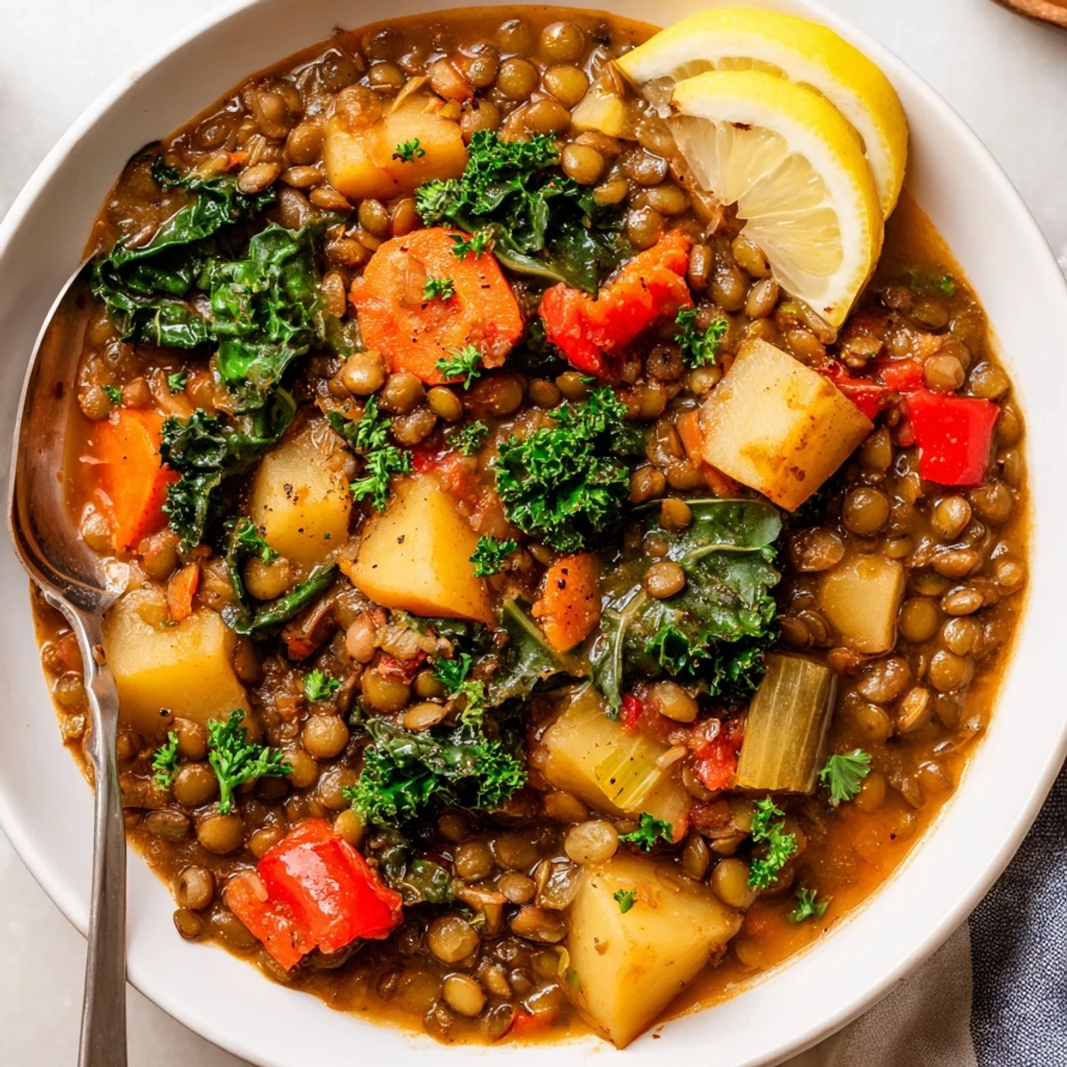 A steaming bowl of Vegetarian Lentil Stew features tender lentils and colorful vegetables like carrots and spinach.