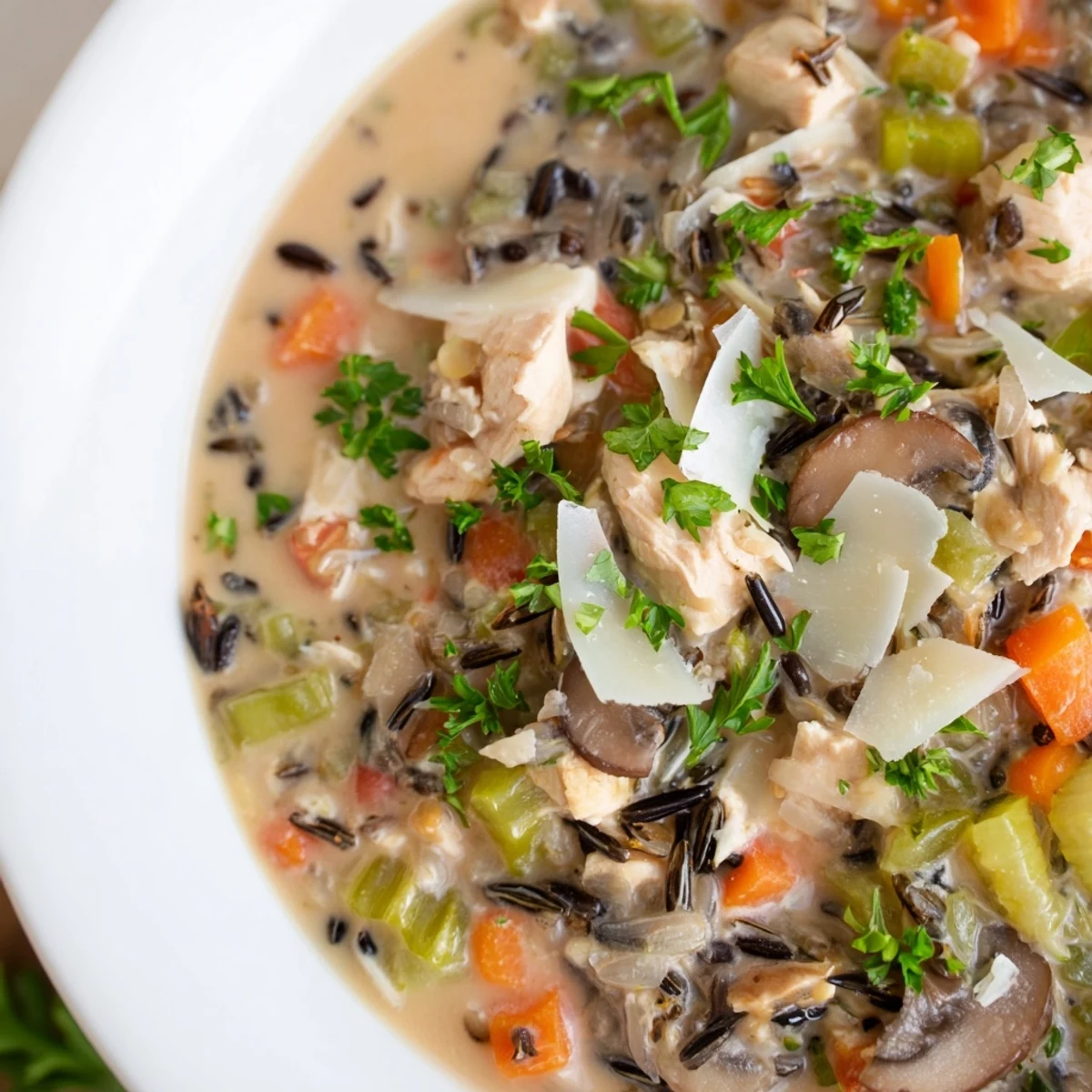 A steaming bowl of Parmesan Mushroom Chicken and Wild Rice Soup garnished with fresh parsley and extra cheese.