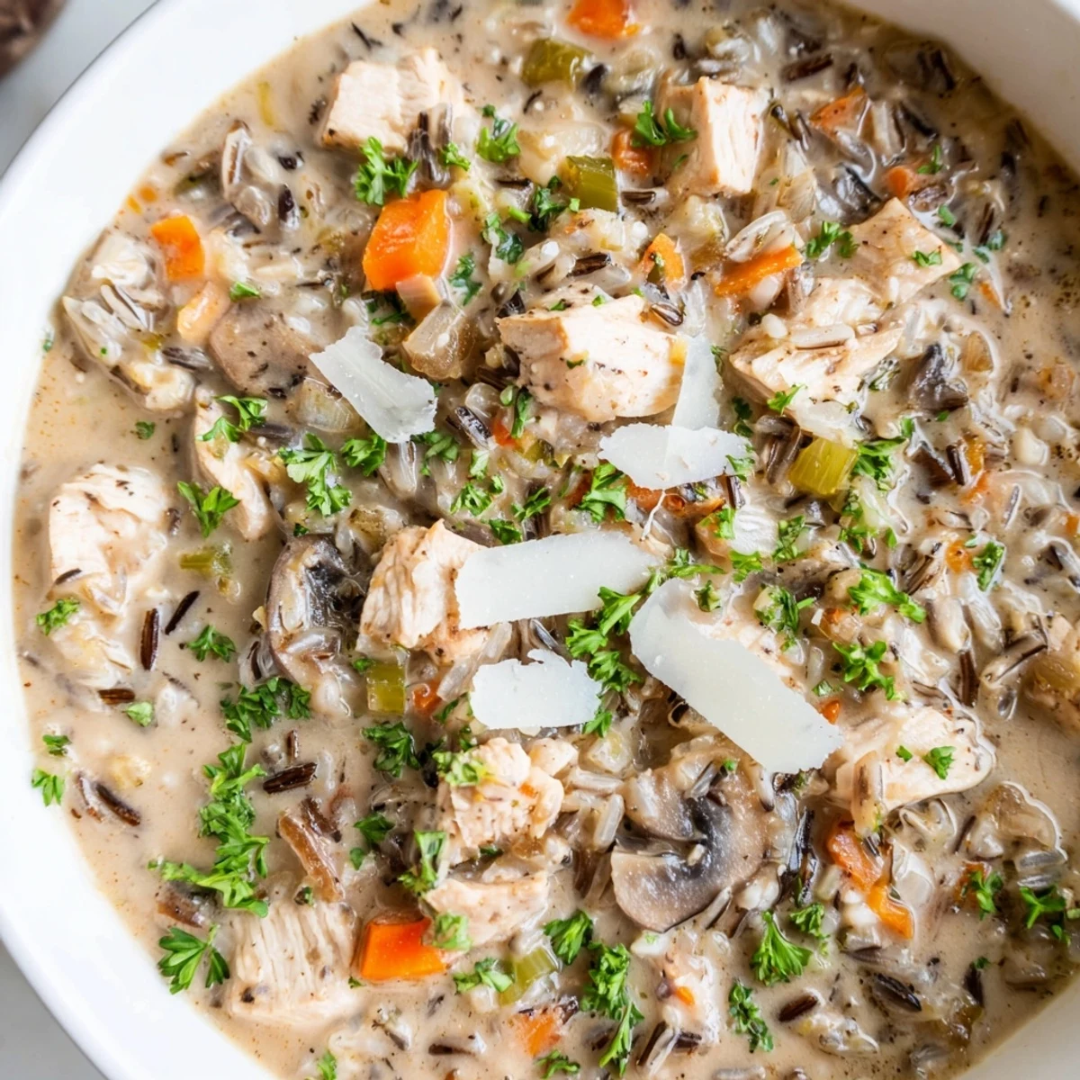 Cozy comfort food photo of Parmesan Mushroom Chicken and Wild Rice Soup served with crusty bread on the side.