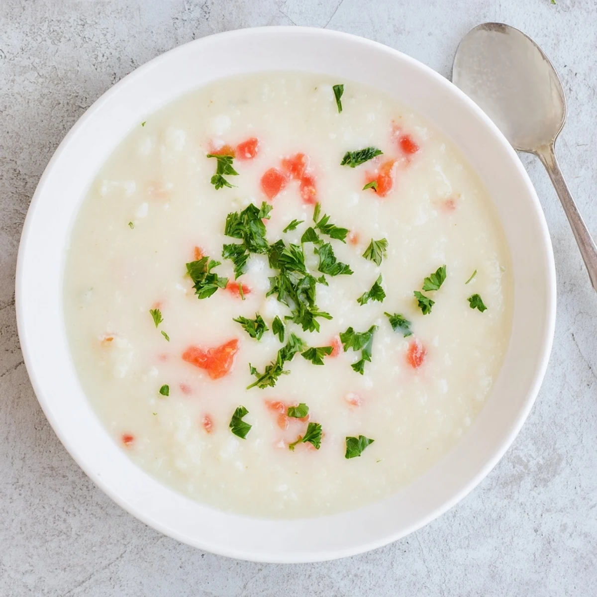 A bowl of creamy White Bean Soup with Tomato garnished with fresh basil and a swirl of olive oil.