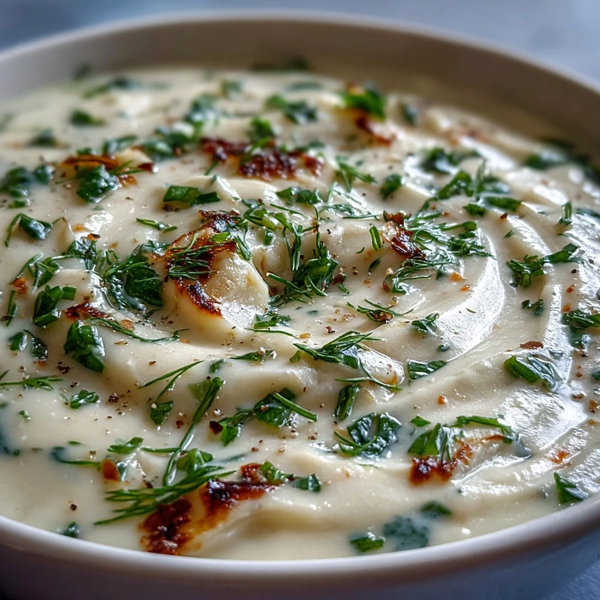 Creamy roasted Parsnip and Herb Soup topped with fresh green garnish.
