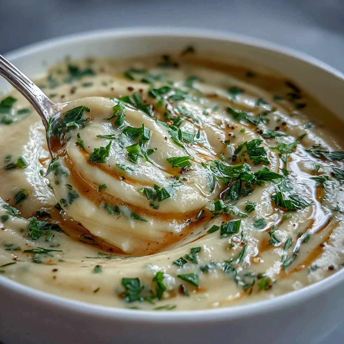Savory Parsnip and Herb Soup vibrant with fresh chives, parsley, and dill.