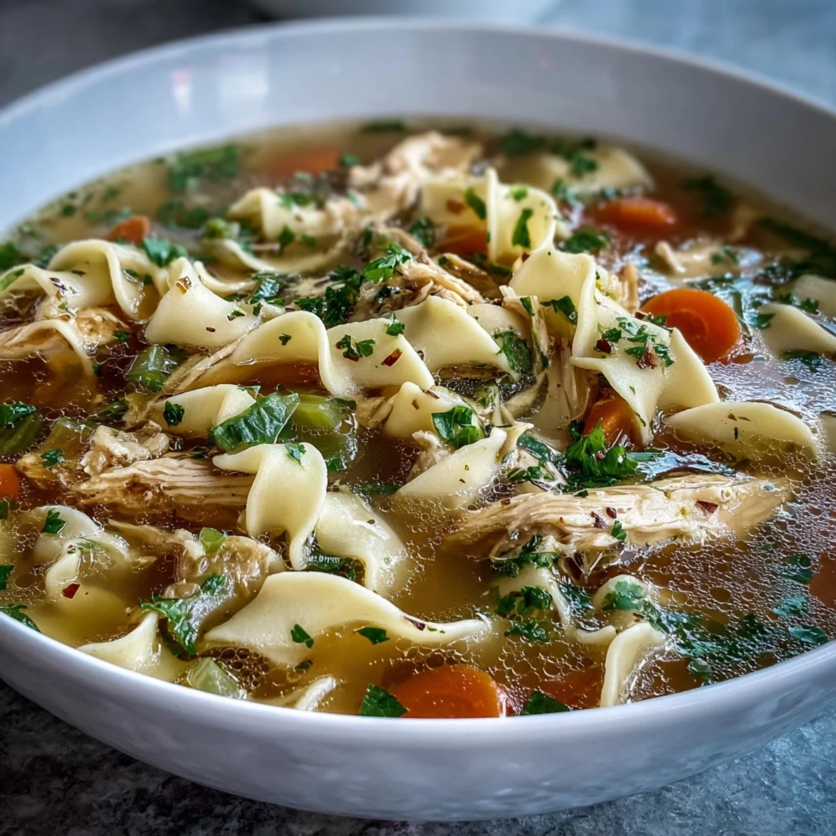 Hearty Chicken and Noodle Soup served in a rustic bowl, with chunks of celery, carrots, and juicy chicken pieces, perfect for a comforting family dinner on a cold day.