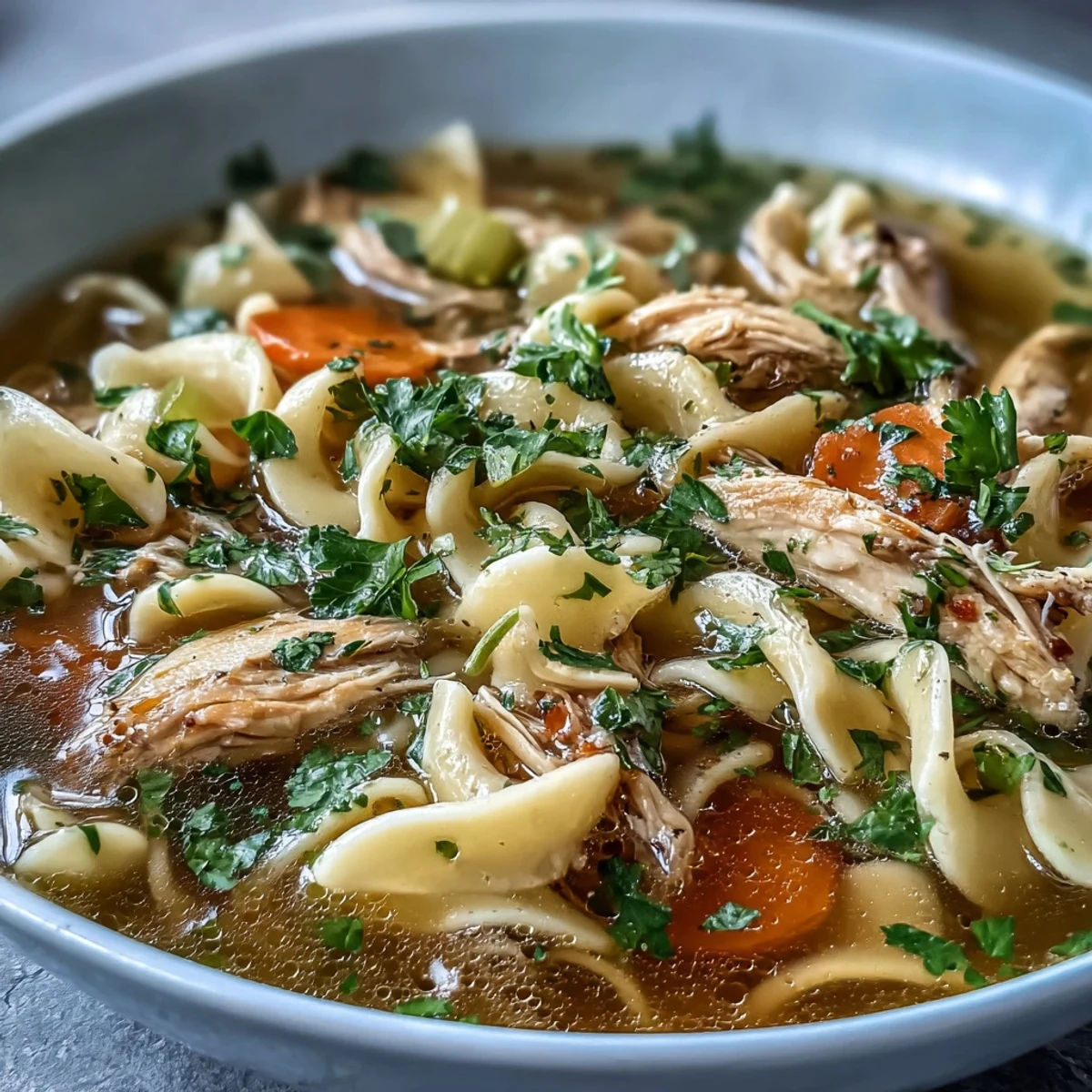 Close-up view of a ladle pouring Chicken and Noodle Soup into a ceramic bowl, showing the rich broth, soft noodles, and fresh herbs ready to be enjoyed hot.