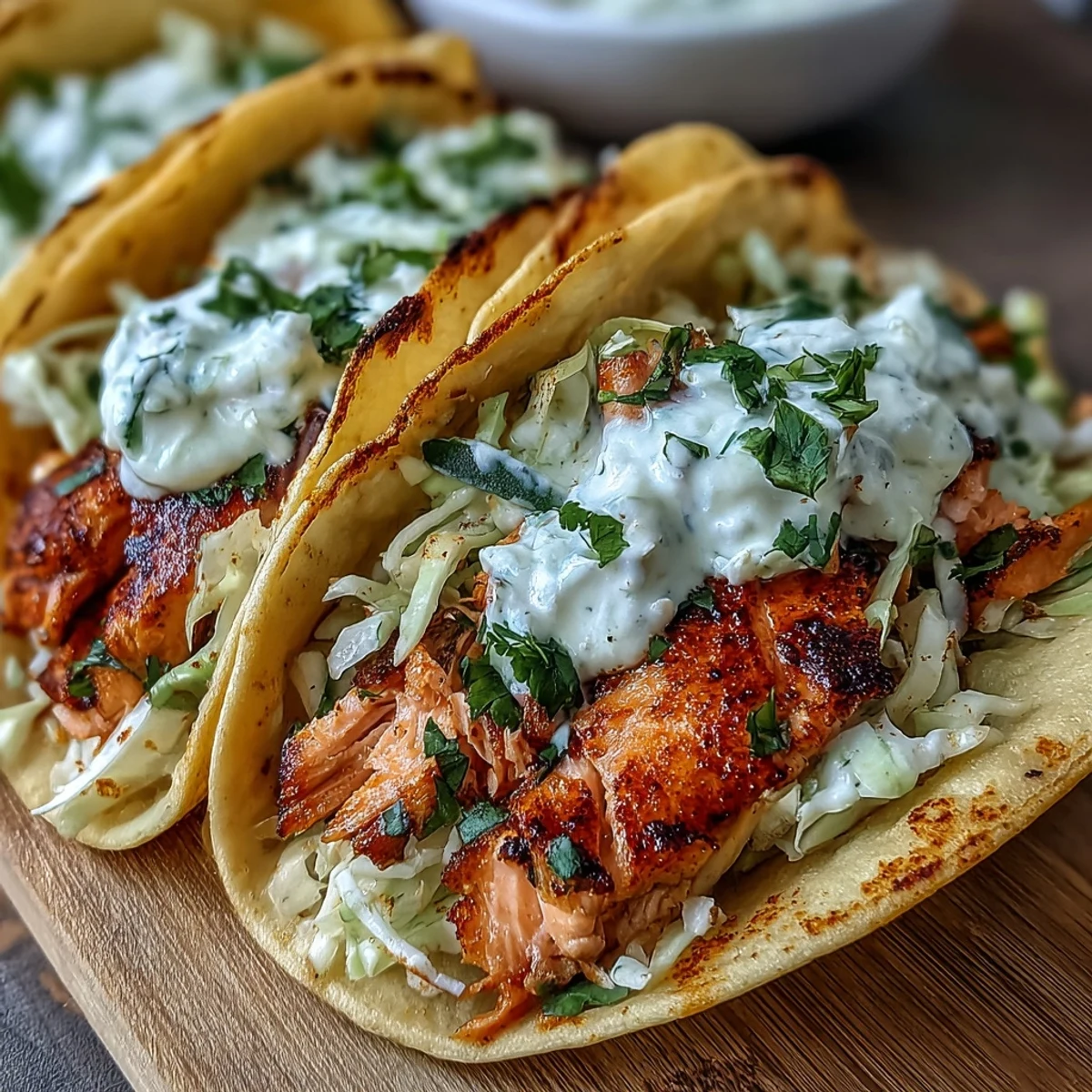 Crispy air fried salmon tacos with slaw piled high in warm corn tortillas, garnished with fresh cilantro and lime wedges for a zesty finish.