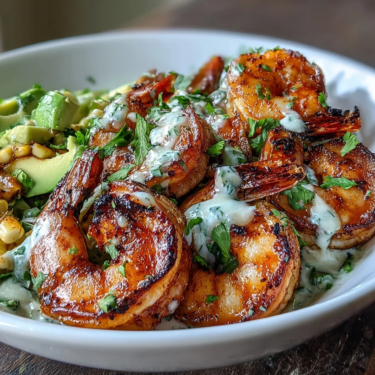 A vibrant bowl of Grilled Shrimp Bowl with Avocado, Corn Salsa & Creamy Garlic Sauce features smoky shrimp, fresh avocado slices, and colorful corn salsa drizzled with sauce.  