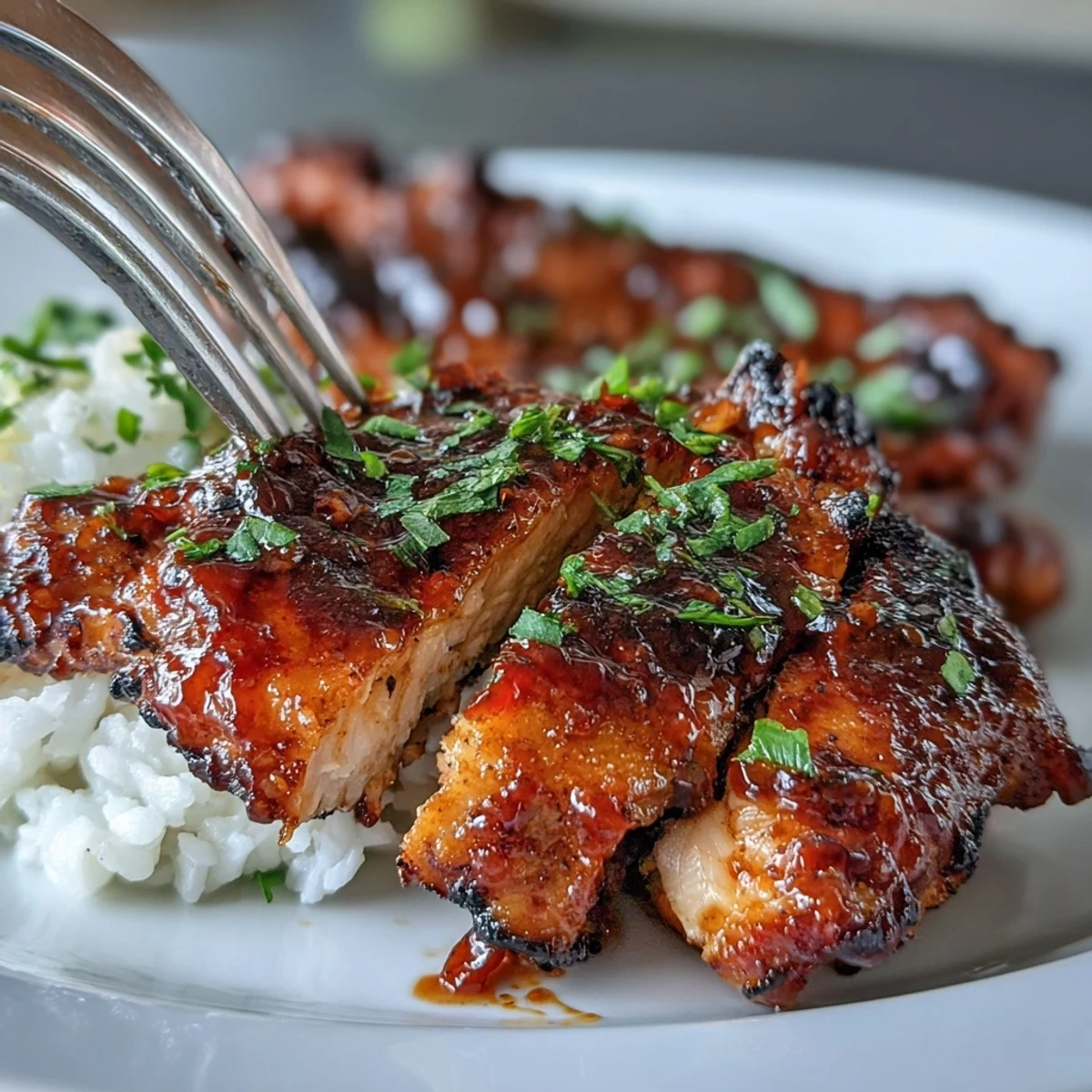 Close-up of tender Spicy Maple Chicken drizzled with pan sauce, served beside aromatic coconut rice with fresh cilantro garnish.