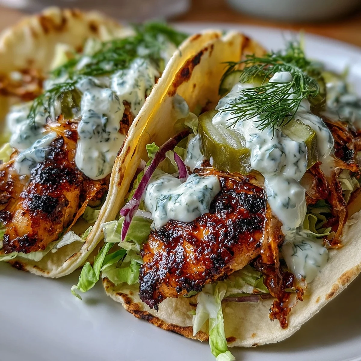 Golden-brown, smashed chicken thighs seared with ranch spices and piled onto a warm tortilla with tangy dill pickles.  