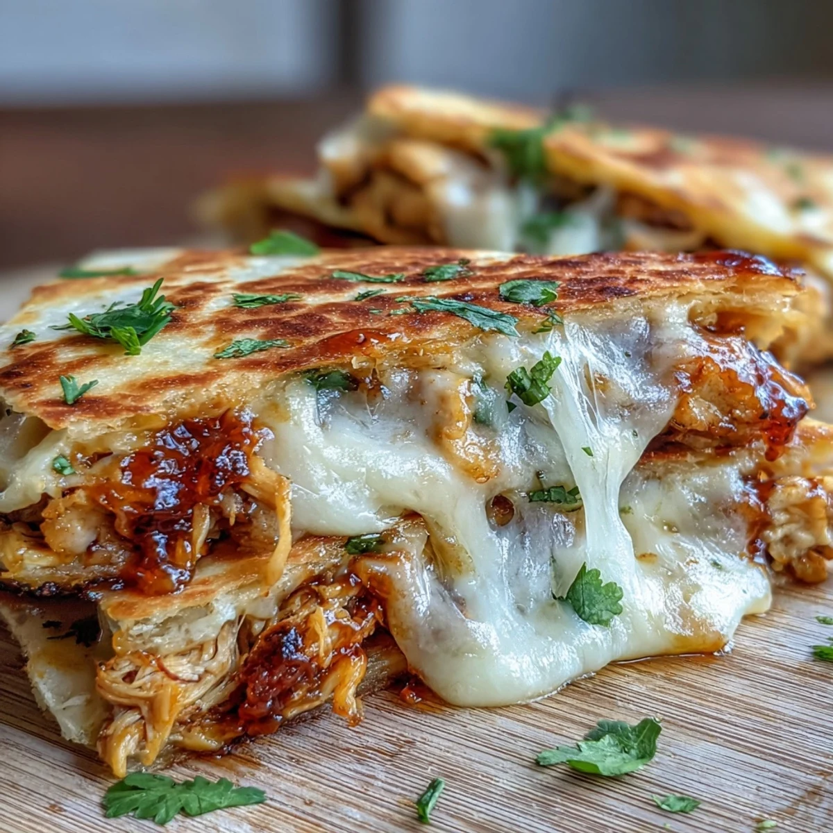Golden, crispy Hot Honey BBQ Chicken Quesadillas are sliced into wedges, revealing melted cheese and saucy shredded chicken, served with sour cream and lime wedges.