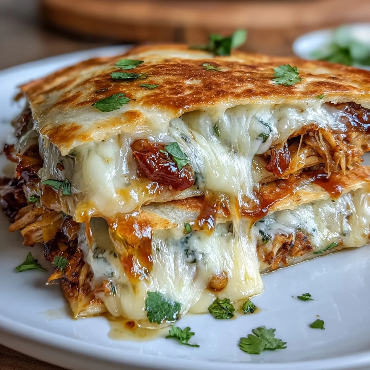 Sizzling Hot Honey BBQ Chicken Quesadillas sizzle in a skillet, with golden-brown tortillas and a side of guacamole for a perfect Tex-Mex dinner.