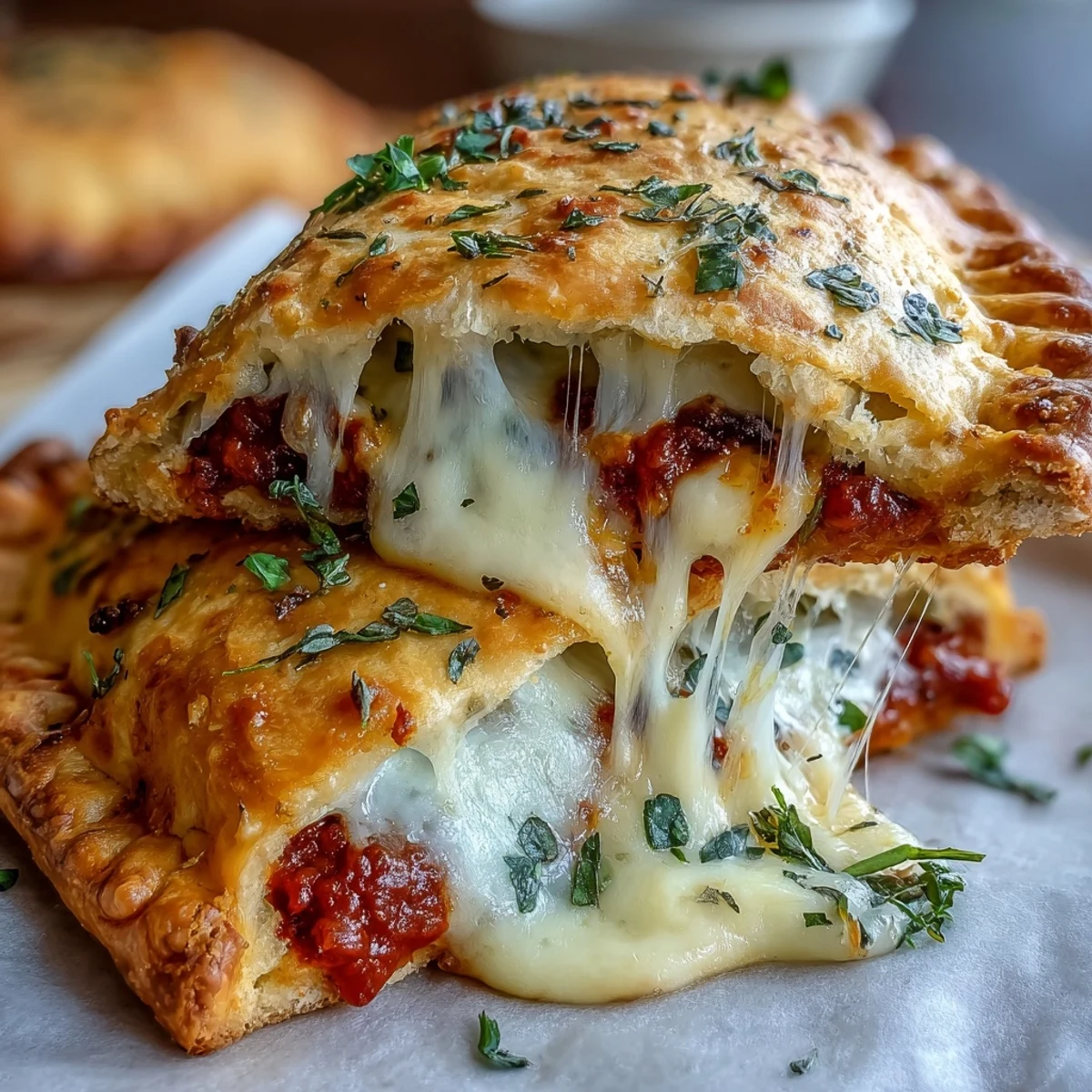 Homemade High Protein Pizza Hot Pockets lined up on a baking sheet, golden brown and perfectly crimped.