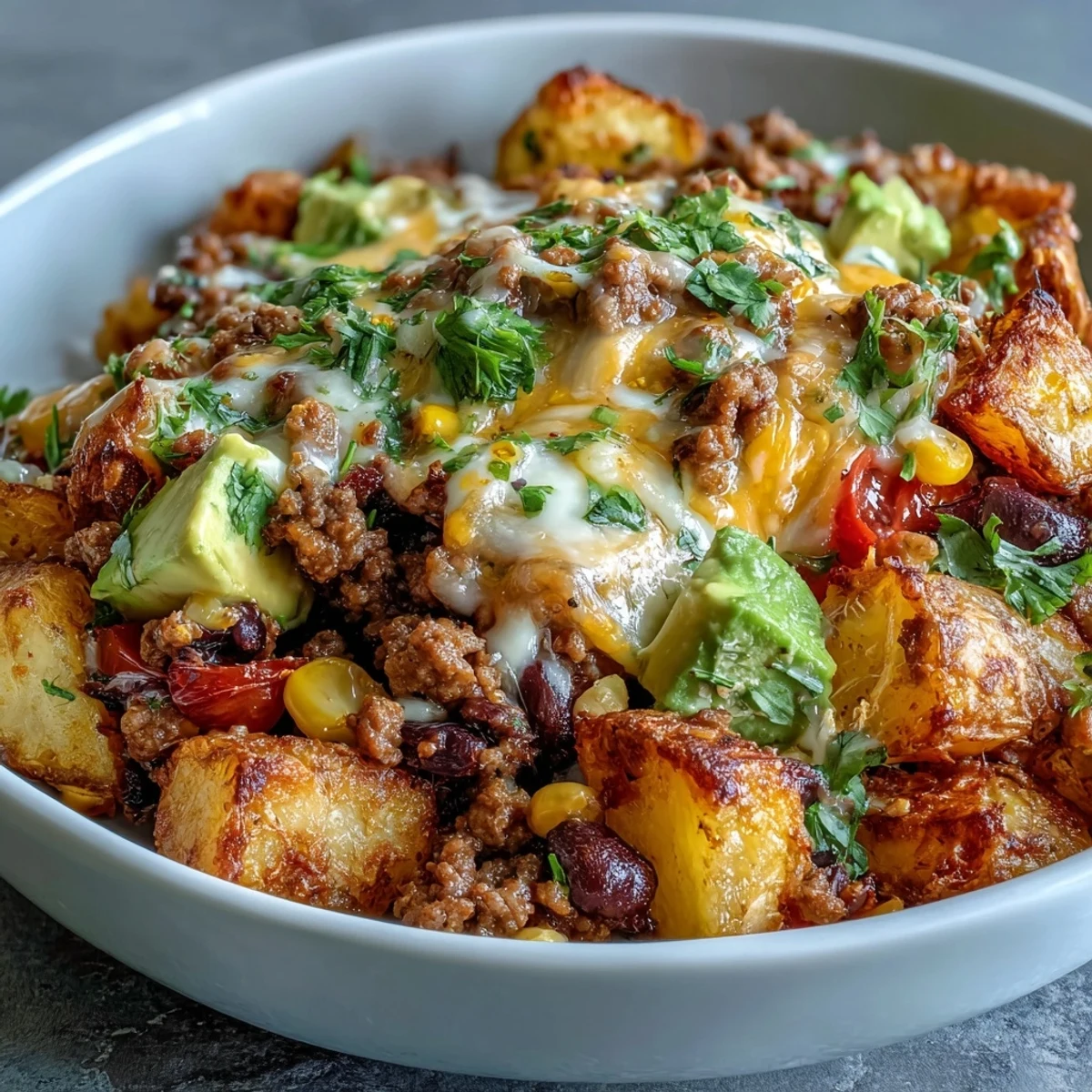 Golden crispy roasted potatoes fill a sturdy taco bowl, layered with savory ground meat, black beans, and corn, then topped with melted cheddar and diced avocado.  