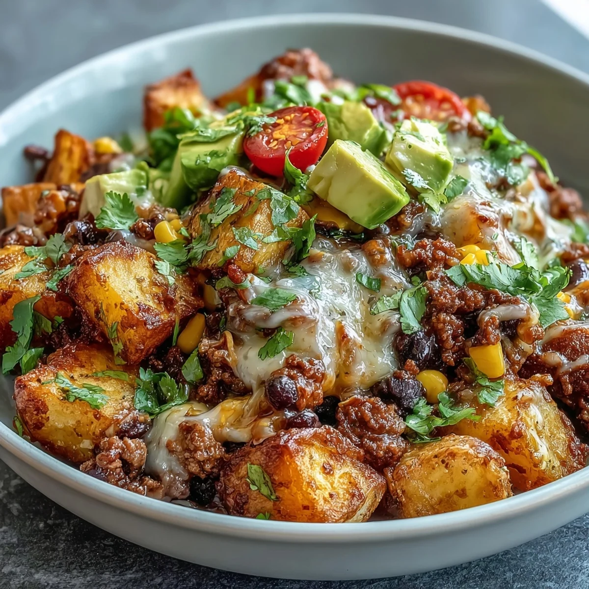 Heaping bowl of Loaded Potato Taco Bowl with tender potatoes, seasoned meat, beans, and corn, garnished with shredded cheddar, avocado, and lime wedges.