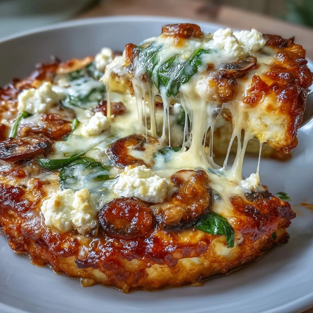 A rustic kitchen counter showcases the finished Cottage Cheese Pizza Bowl, garnished with fresh basil and ready to be scooped.  