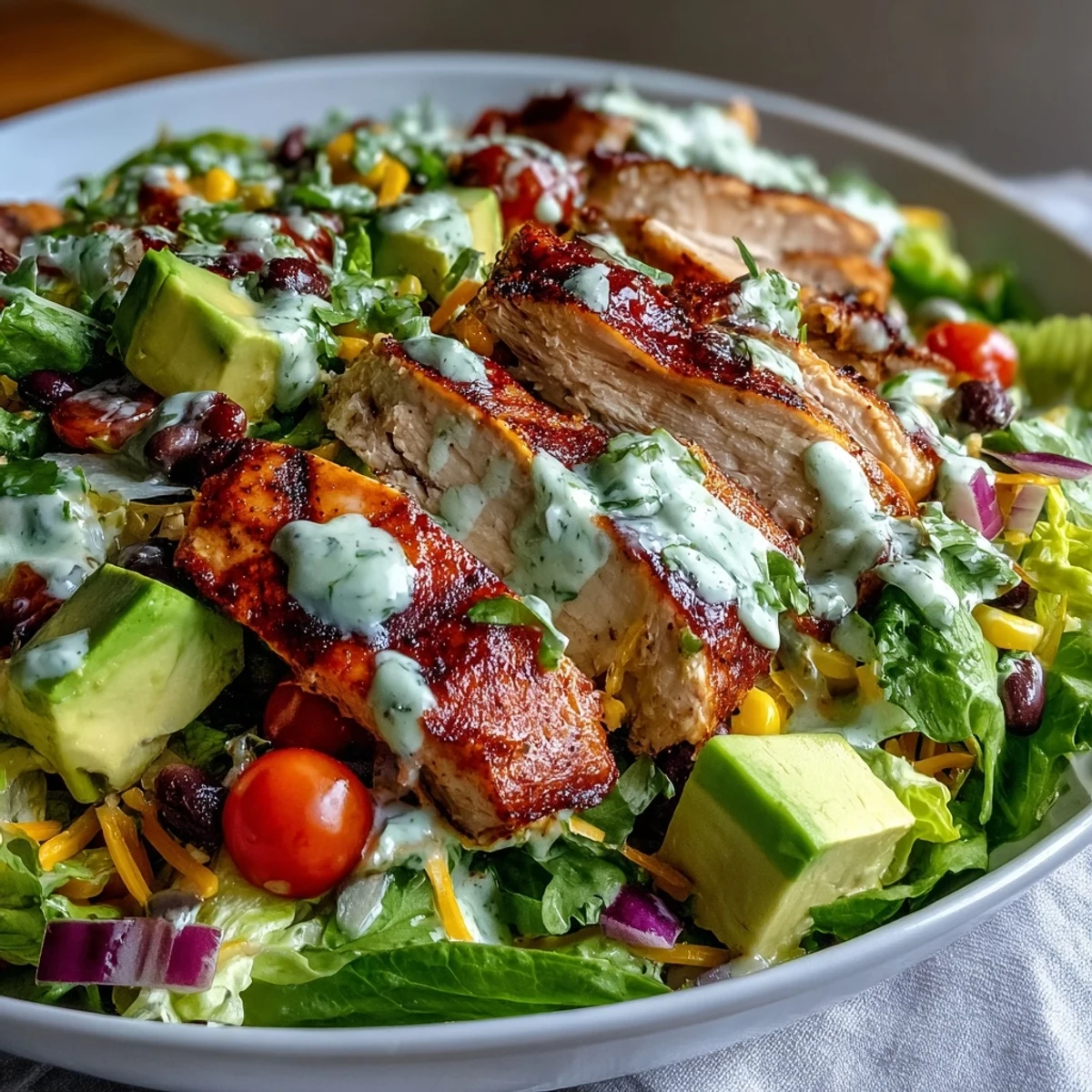 Freshly grilled chicken slices rest atop a colorful High Protein Southwest Chicken Salad with black beans, corn, and creamy avocado.