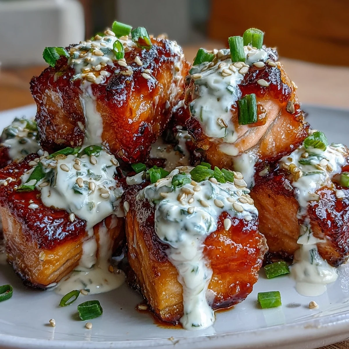 Golden-brown crispy salmon bites coated in a creamy, spicy bang bang sauce, served warm over steamed rice.