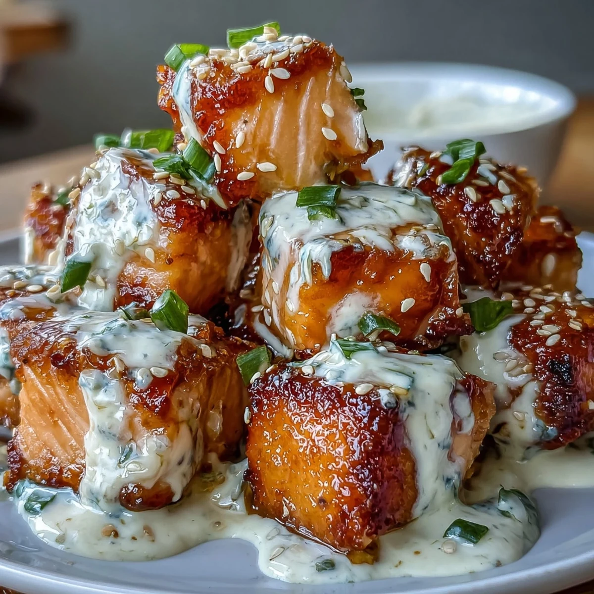 Delicious Bang Bang Salmon Bites arranged on a white plate, drizzled with creamy sauce and ready to serve.