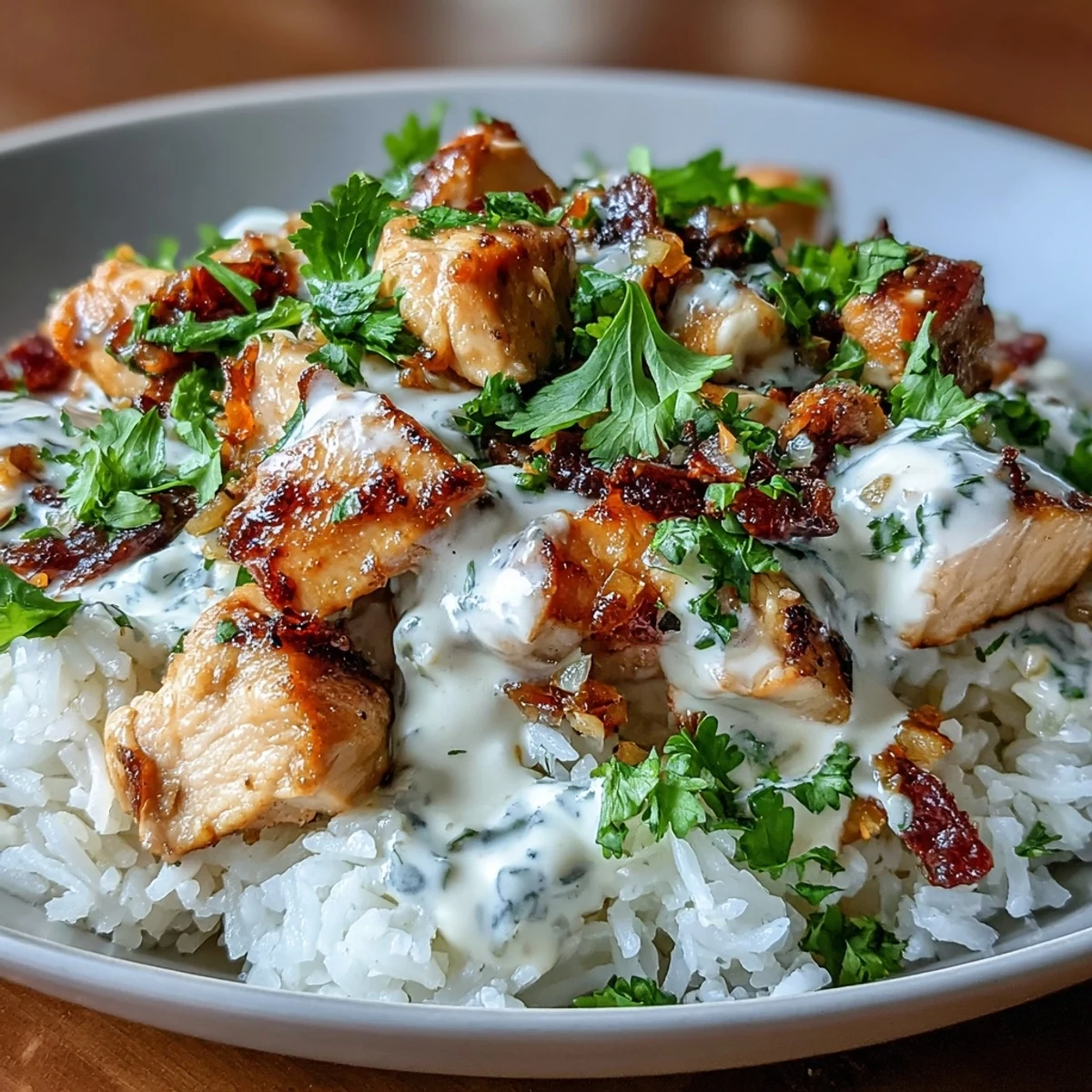 A bowl of Coconut Chicken Rice Bowl features golden, saucy chicken over fluffy rice, garnished with fresh cilantro and lime wedges.