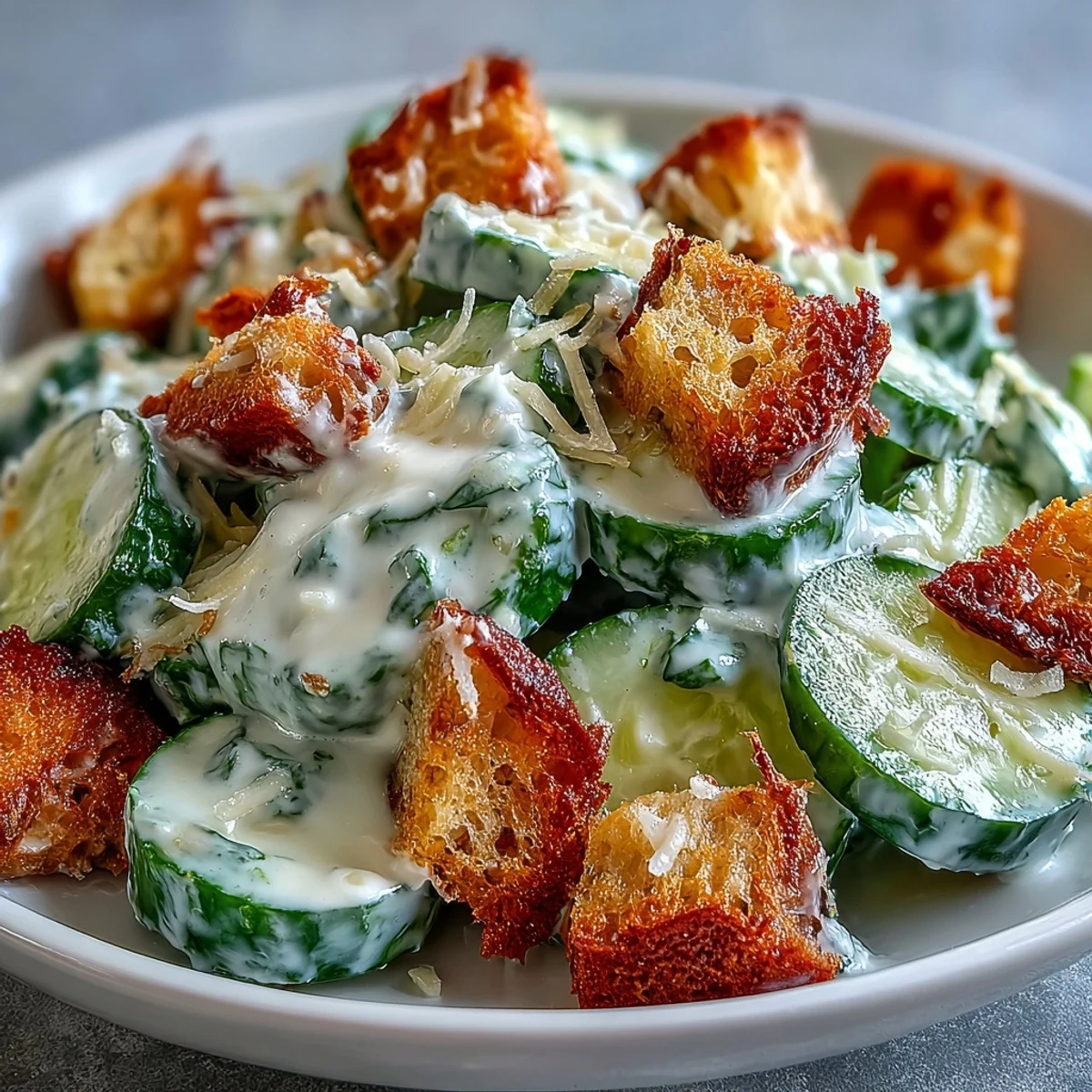 A chilled Cucumber Caesar Salad garnished with extra Parmesan, offering a refreshing, crunchy twist on the classic Caesar.  