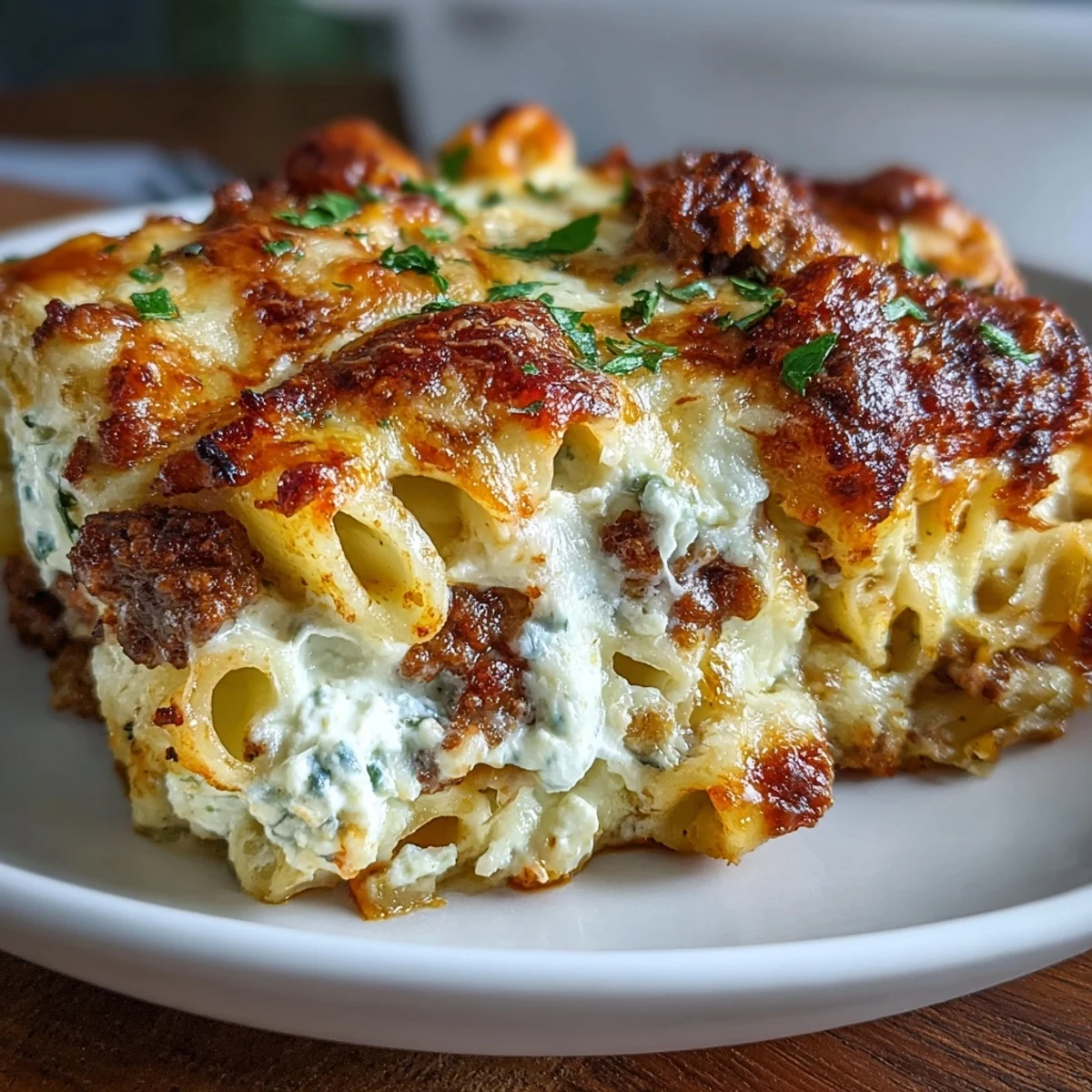 Golden-brown Cottage Cheese Protein Pasta Bake with Ground Beef, bubbling with melted mozzarella and Parmesan, served fresh from the oven with chopped parsley.  
