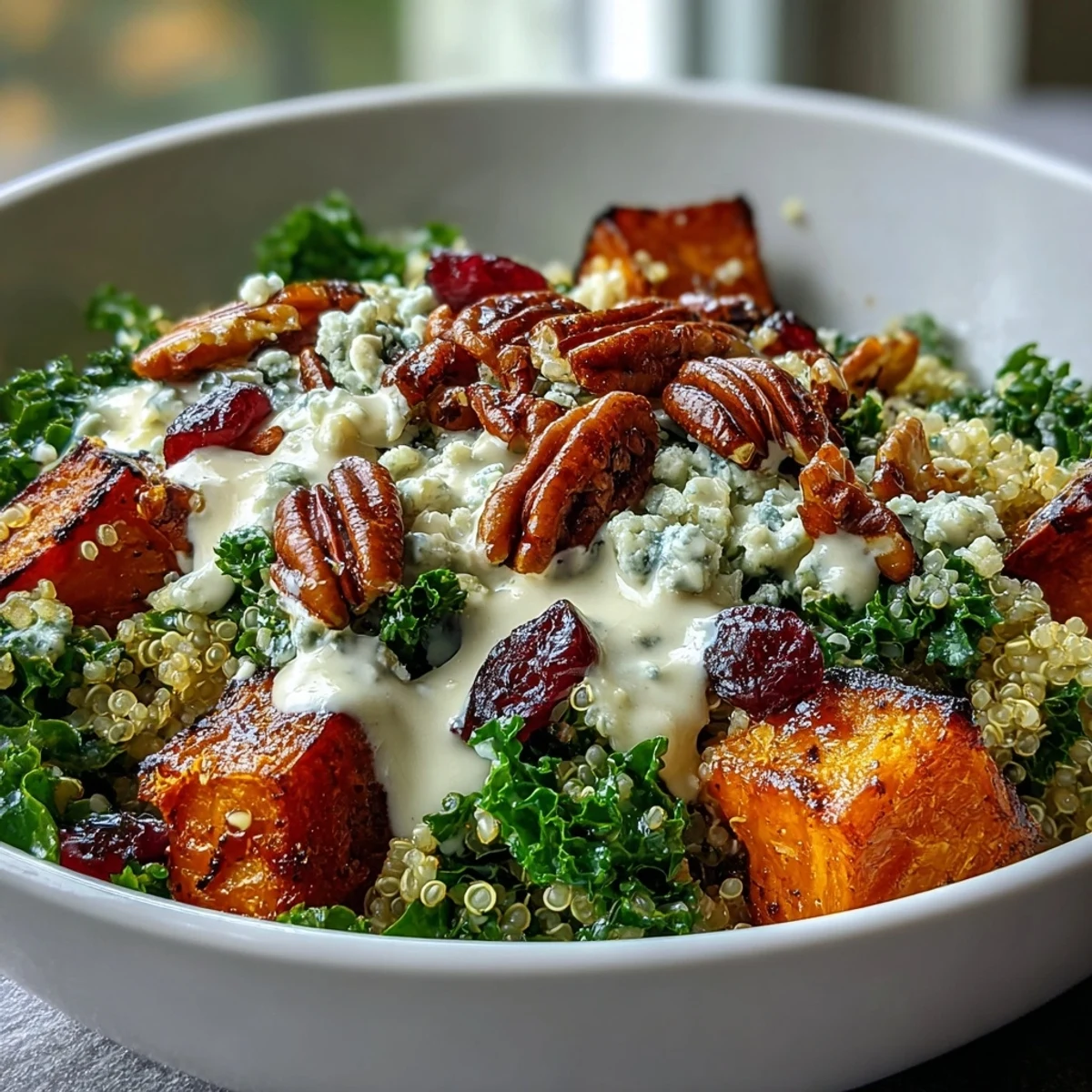 Autumnal Harvest Kale Quinoa Bowl, generously drizzled with creamy tahini dressing.