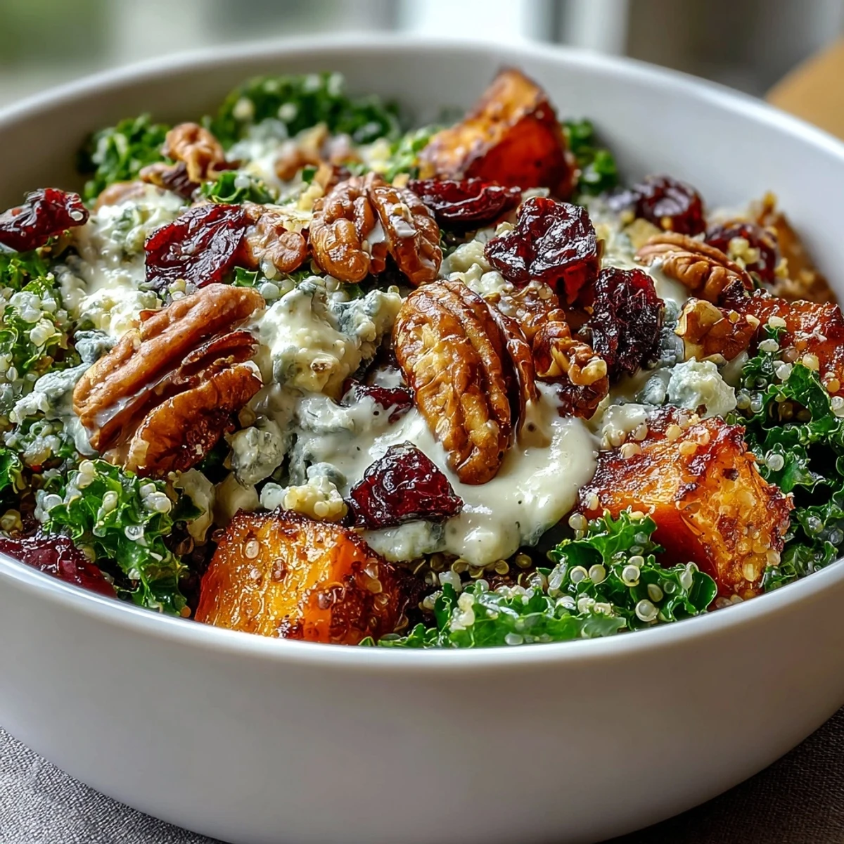 Harvest Kale Quinoa Bowl with roasted sweet potatoes and tangy lemon tahini dressing.