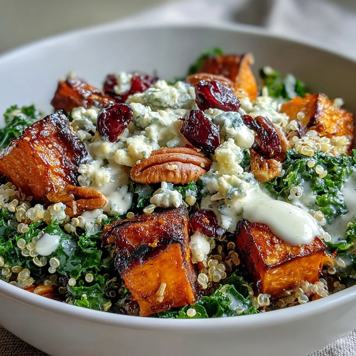 Vibrant Harvest Kale Quinoa Bowl, a nutritious meal topped with blue cheese and pecans.