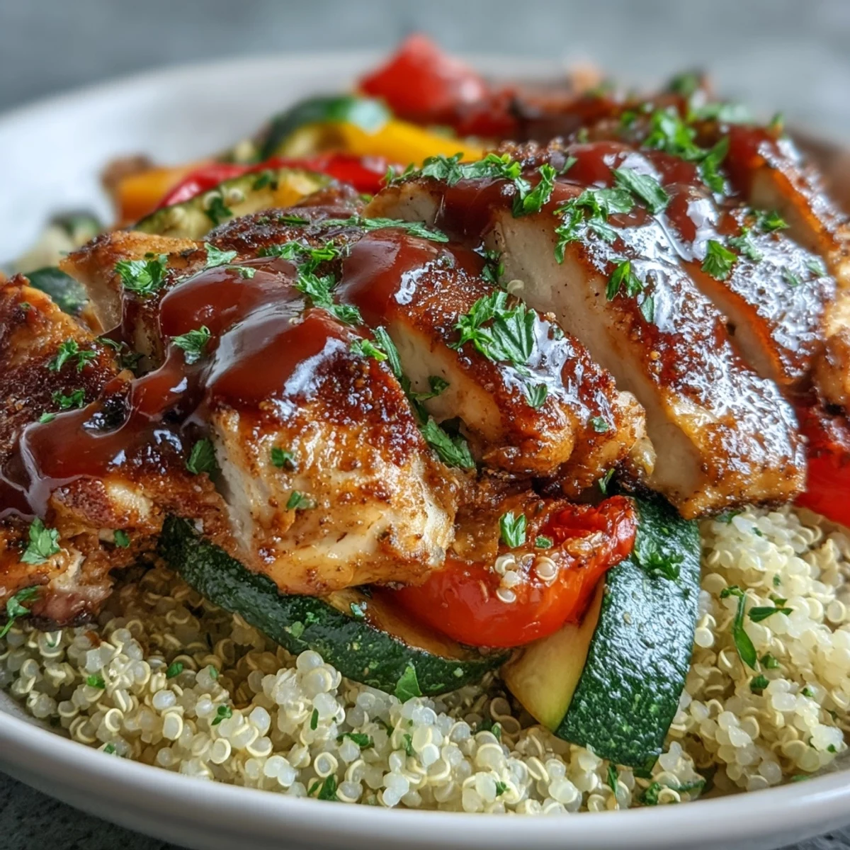Colorful, hearty paprika herb chicken quinoa bowl with tender roasted seasonal vegetables.