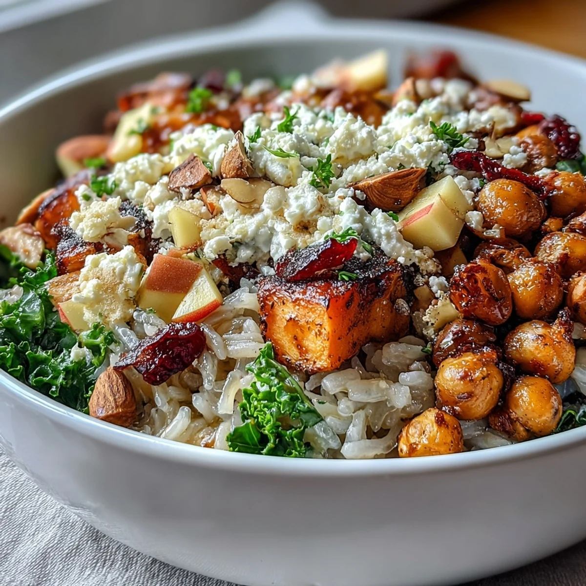 Autumnal Fall Harvest Bowl featuring wild rice, Brussels sprouts, and crunchy almonds.