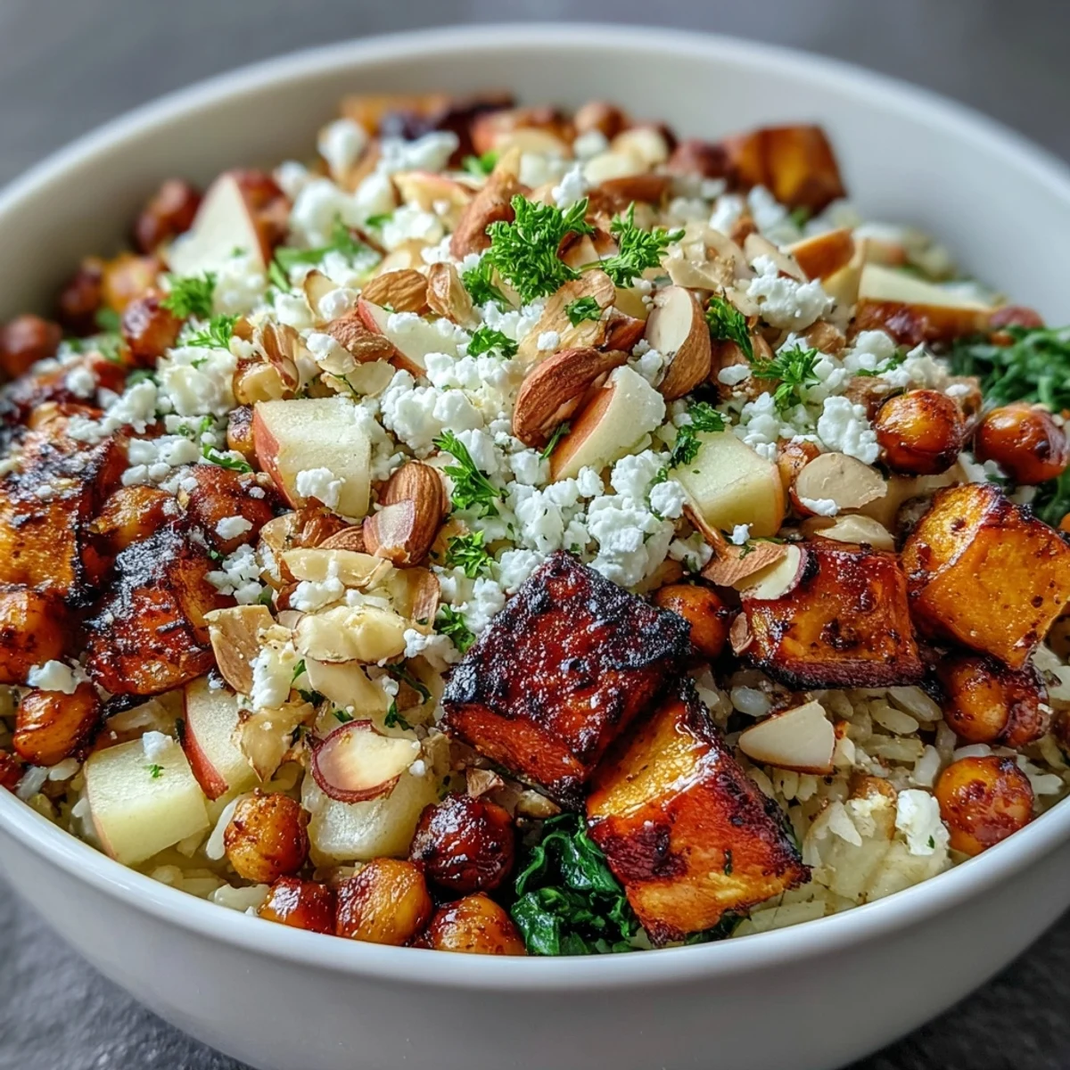 Hearty, wholesome Fall Harvest Bowl with fresh apples and savory roasted vegetables.