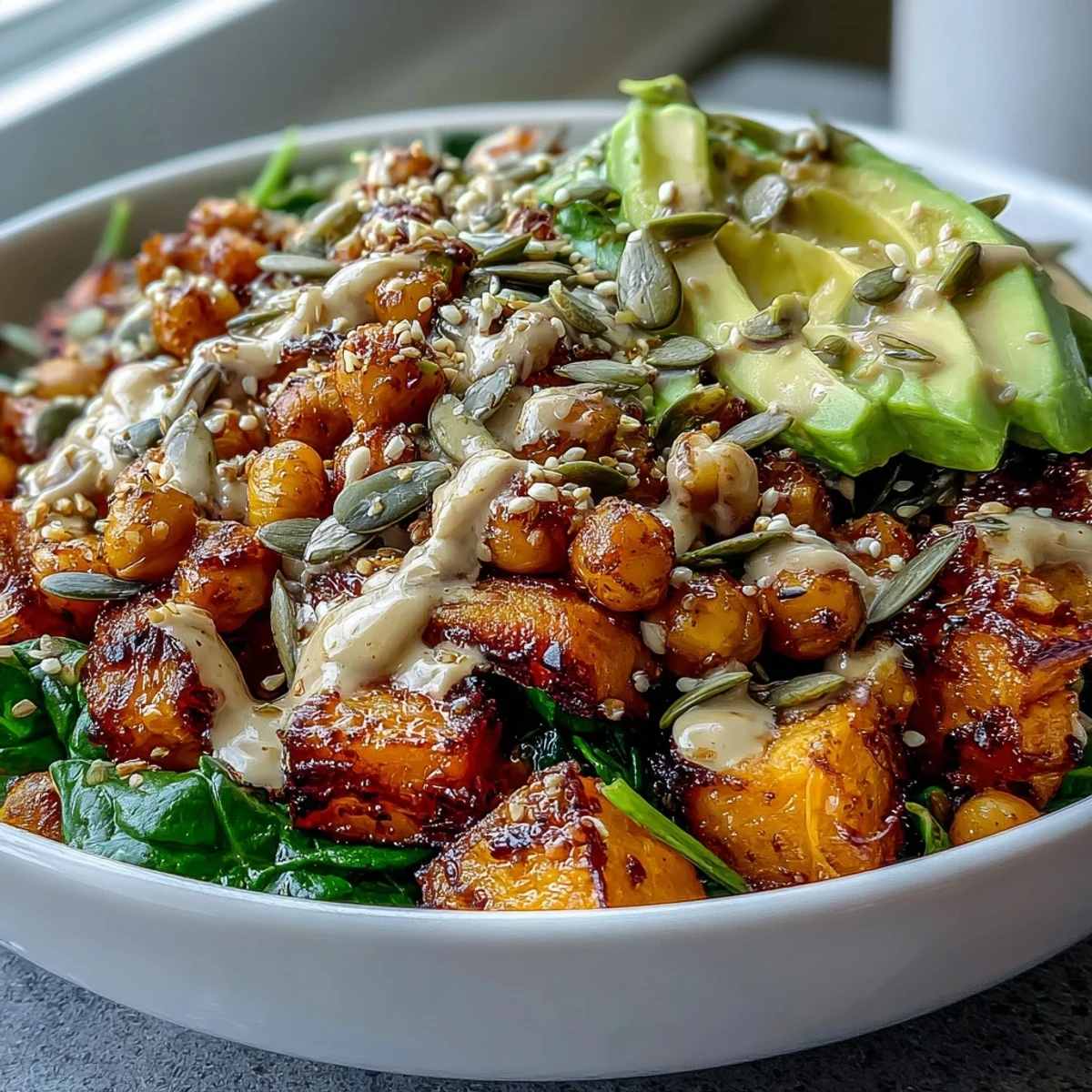 Vibrant roasted sweet potato and chickpea bowl, drizzled with smoky chipotle tahini.