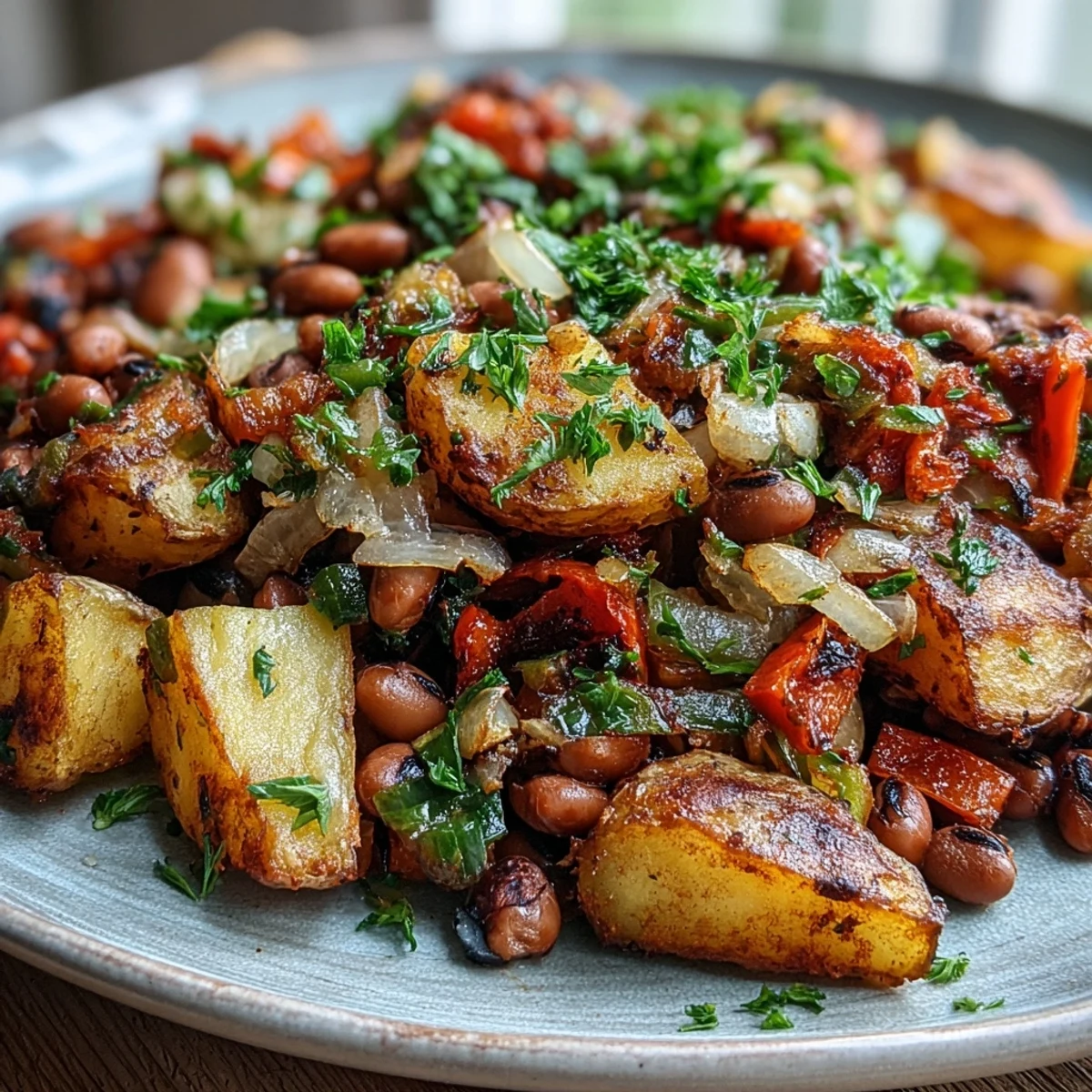 Savory Southern Black-Eyed Pea Hash with colorful bell peppers and golden potatoes on a serving plate.