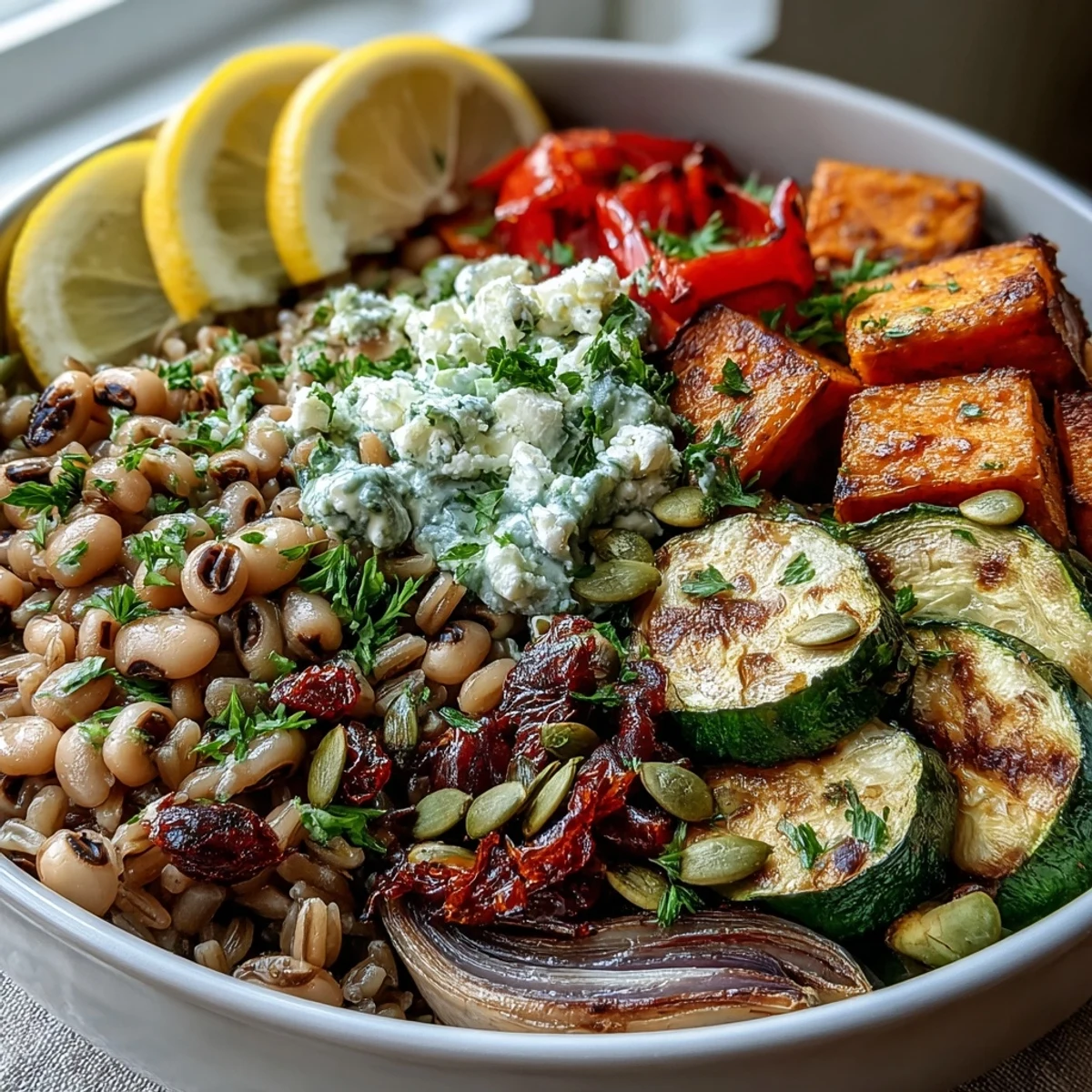 A vibrant Black-Eyed Pea Grain Bowl with roasted vegetables and fresh herbs, served with lemon wedges. 