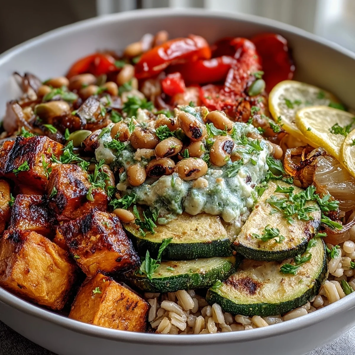Colorful Black-Eyed Pea Grain Bowl with sweet potatoes, red peppers, and zucchini over a bed of nutty grains.