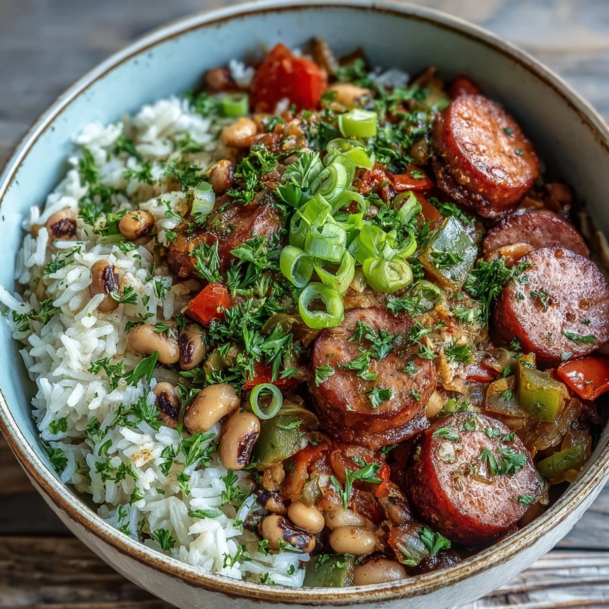 Steaming Black-Eyed Pea Jambalaya with sliced Andouille sausage and bell peppers served in a rustic bowl.