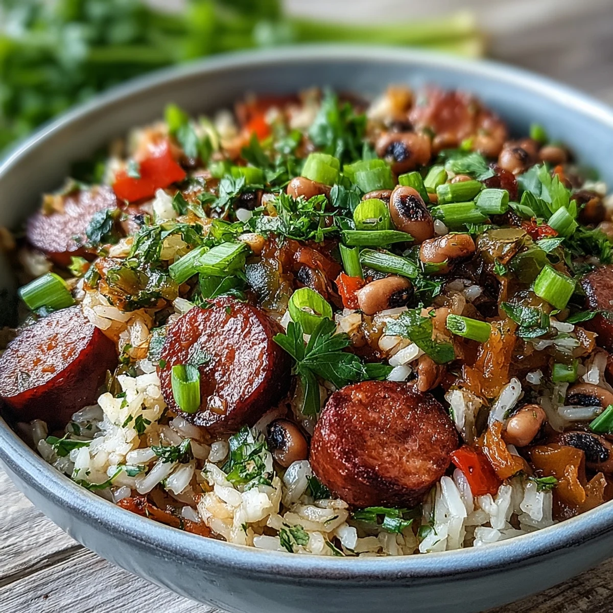 Dutch oven of simmering Black-Eyed Pea Jambalaya with diced tomatoes and vegetables, ready for a family dinner.