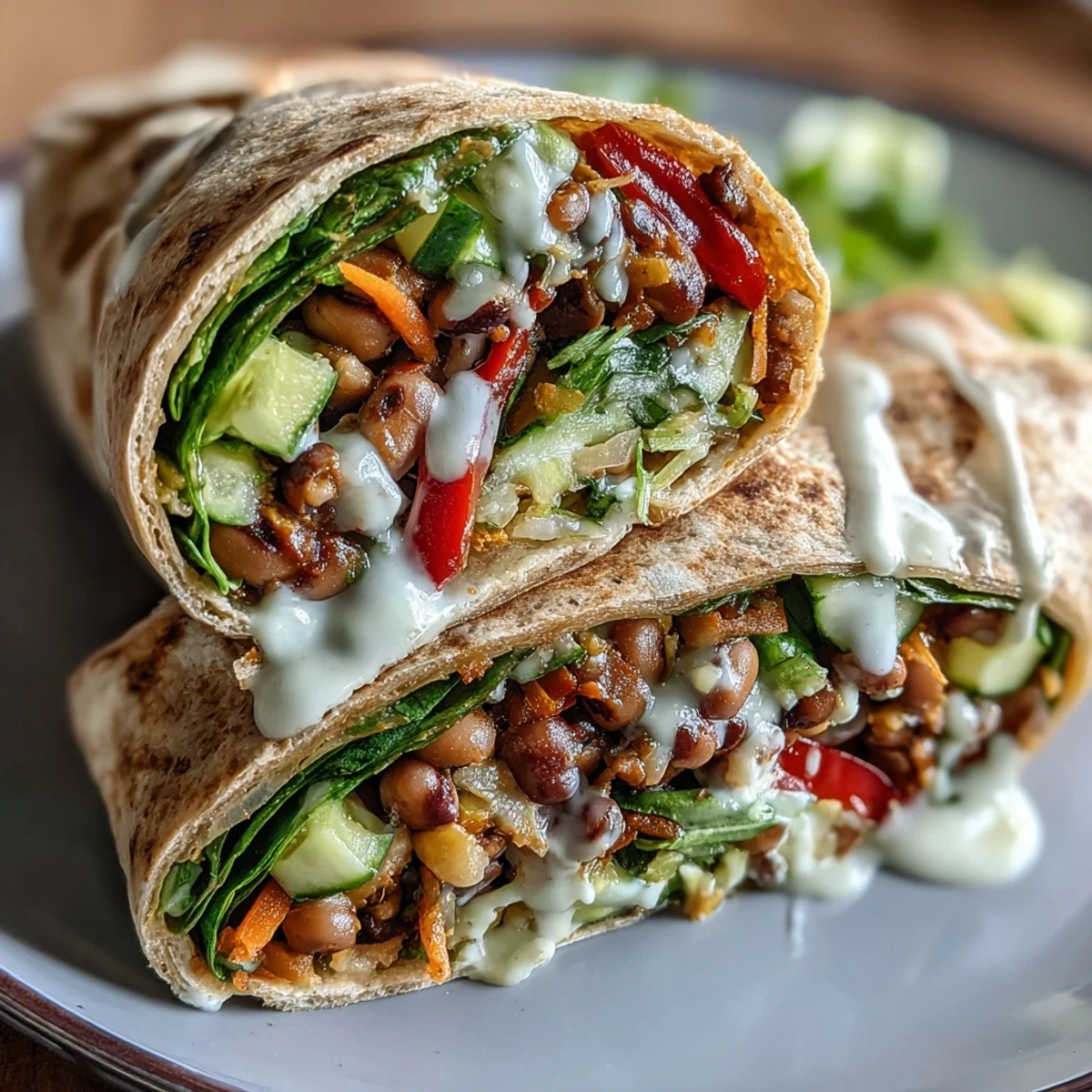 Whole wheat Black-Eyed Pea Wraps stuffed with spinach, carrots, and drizzled with creamy tahini sauce.