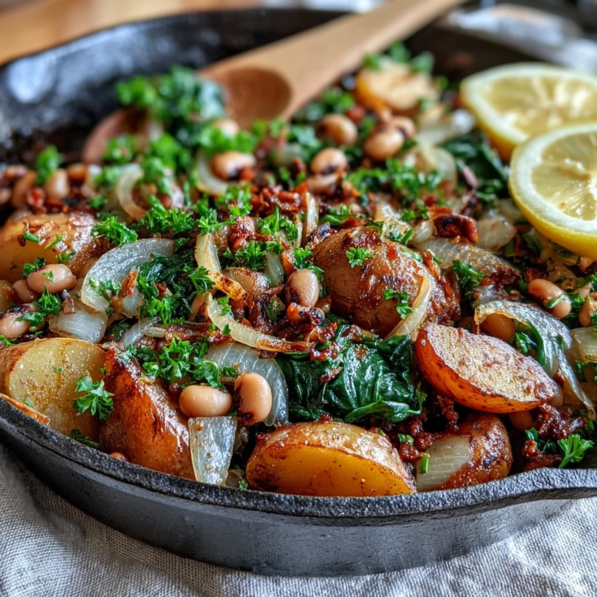 A close-up view of the Black-Eyed Pea Skillet Dinner, showing golden diced potatoes and black-eyed peas mingling with wilted green spinach in a rustic cast iron pan.