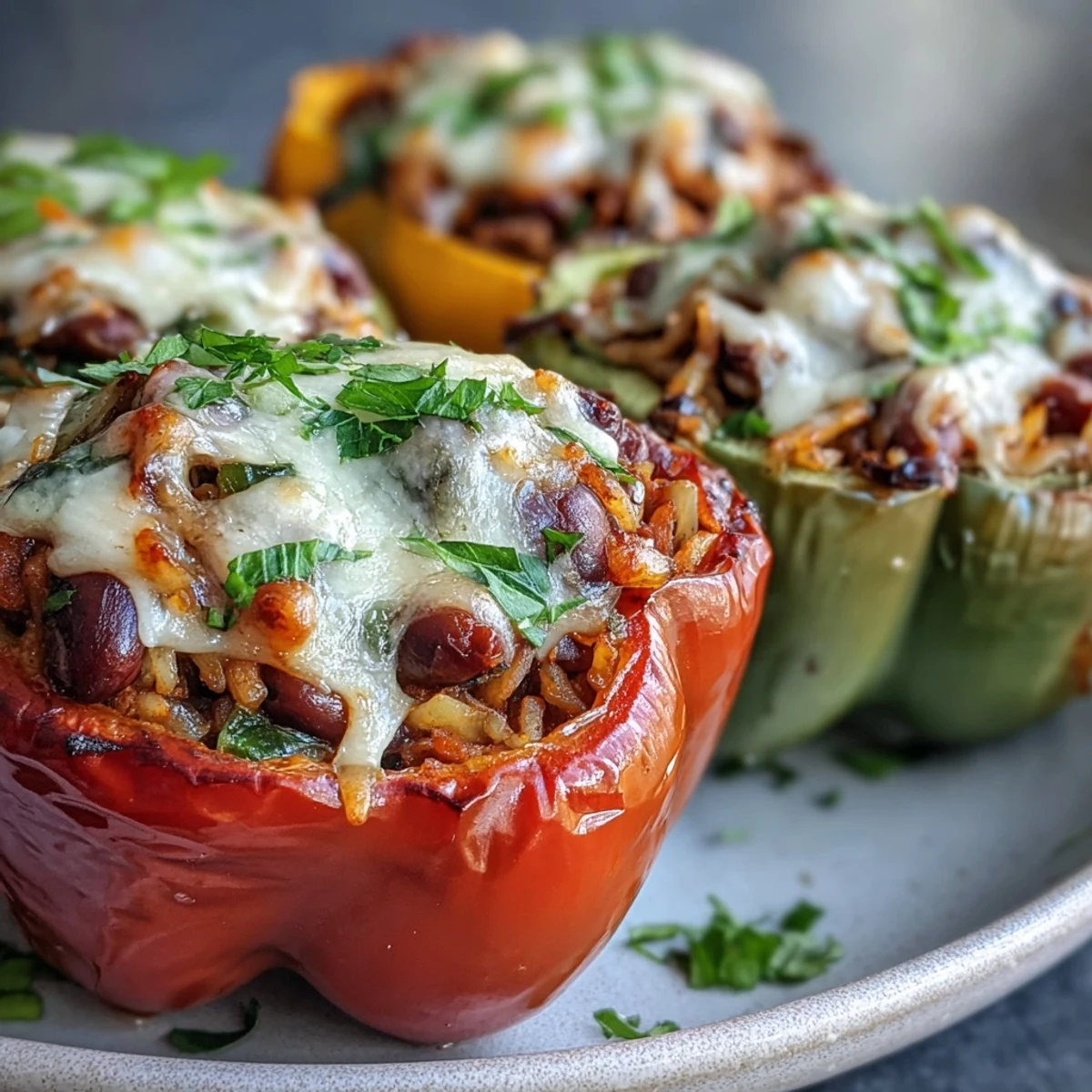 Golden-brown bell peppers stuffed with black-eyed peas, rice, and spices, baked until tender and bubbling with cheese.
