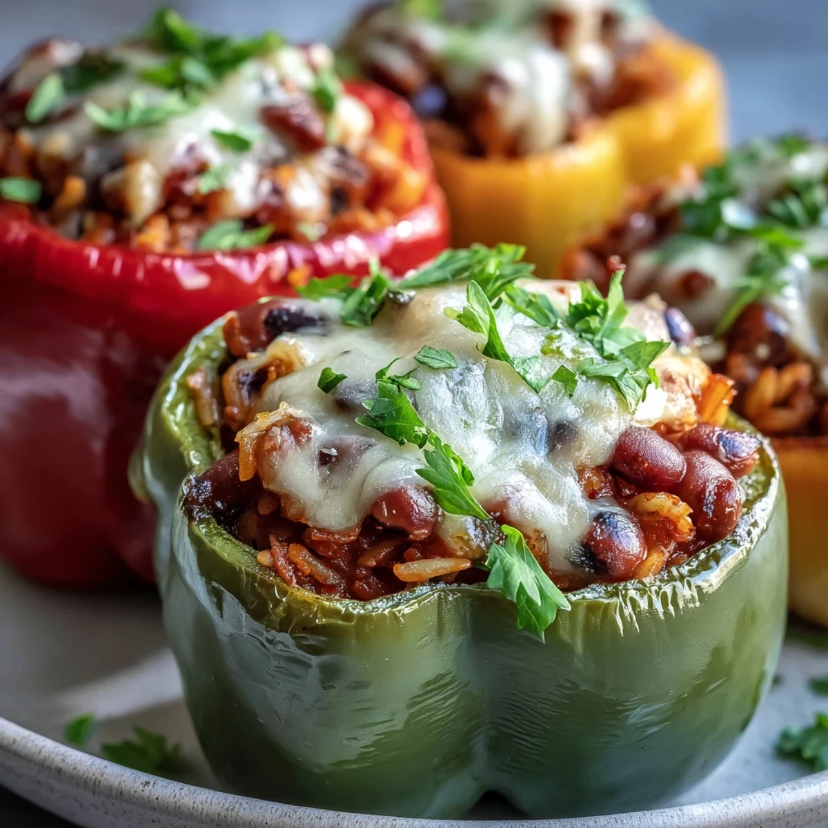 Steam rises from these black-eyed pea stuffed peppers, served hot on a rustic plate with parsley garnish.