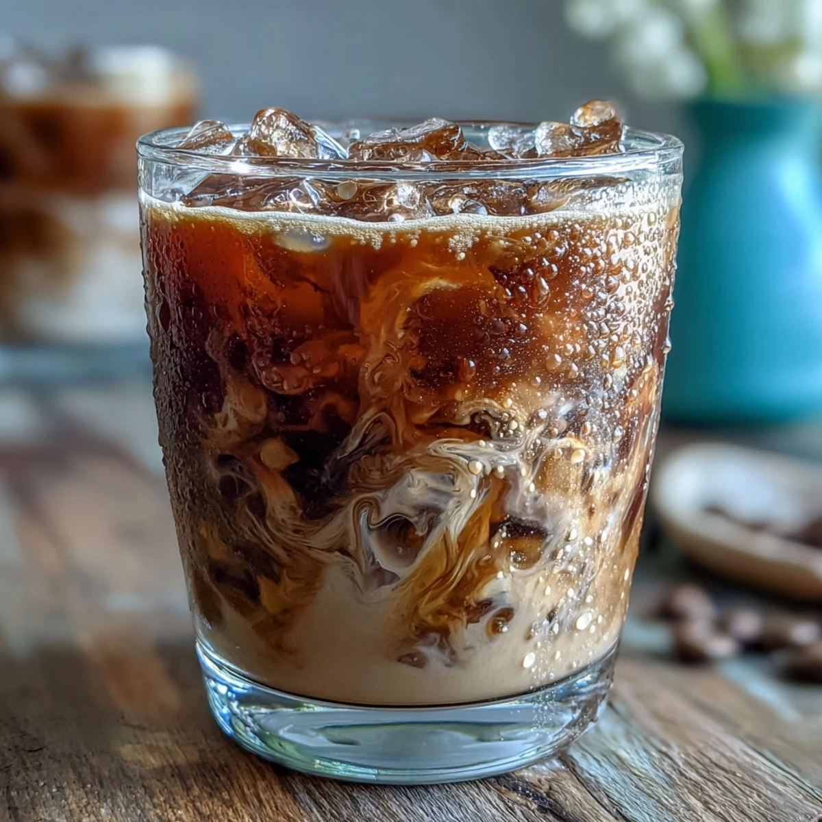 Iced Hojicha Latte served in a clear glass over ice, topped with creamy milk and a dusting of roasted tea powder.