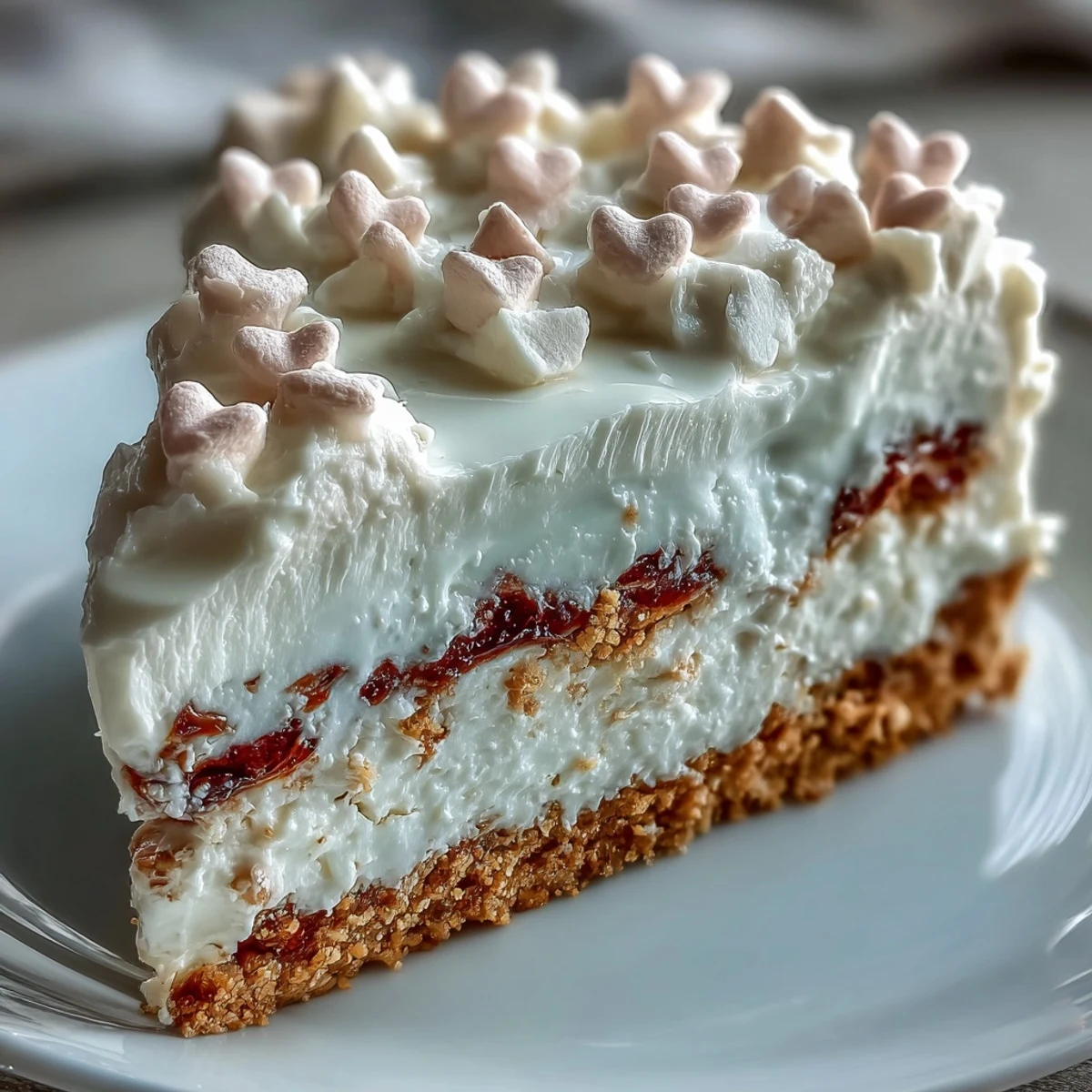 Close-up of a slice of Candy Hearts Fake Cake, showing the creamy cheesecake filling and crunchy candy heart topping.