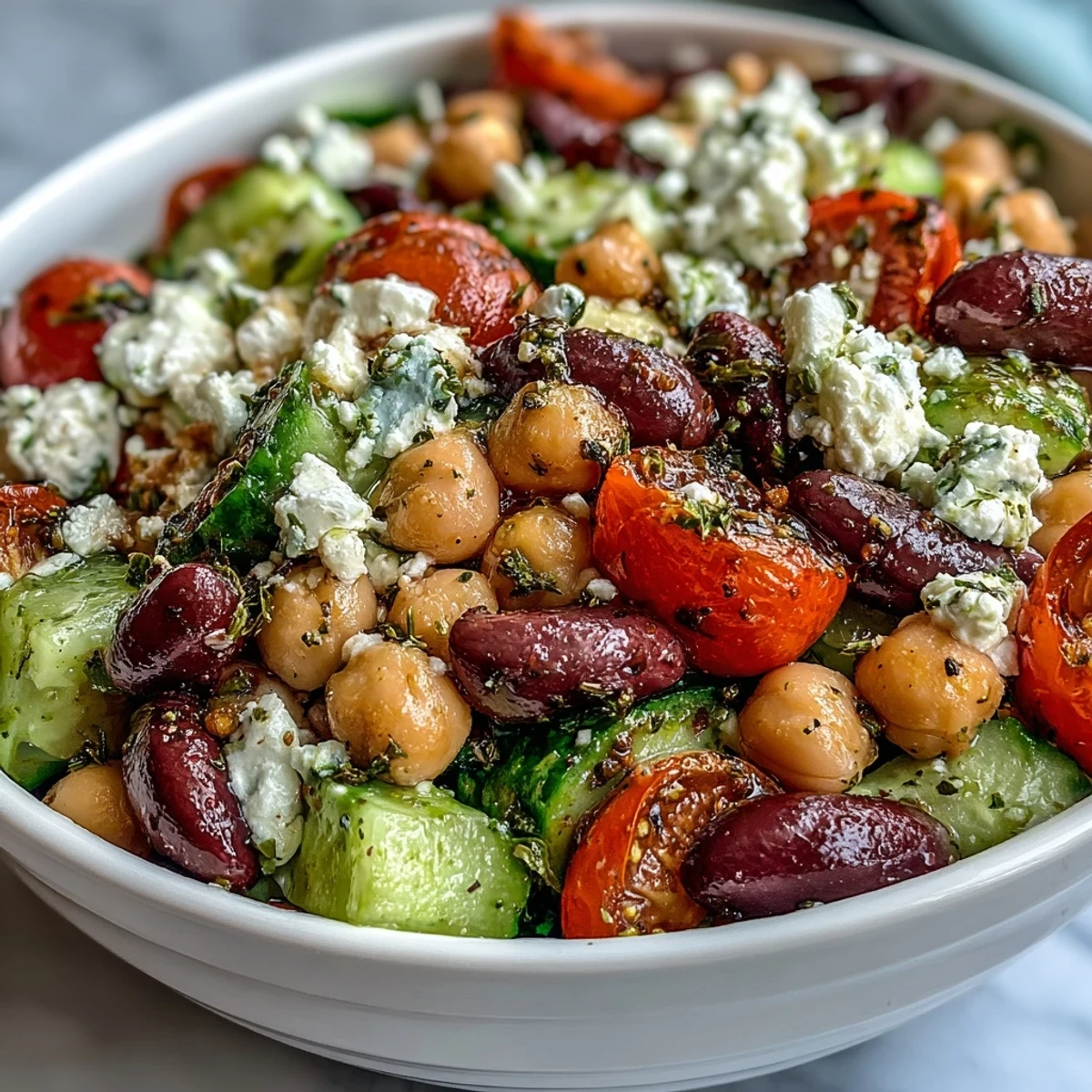 Freshly marinated Greek Bean Salad with lemon-oregano dressing is served alongside crumbled feta, crisp cucumber, and sweet cherry tomatoes in a rustic white bowl.