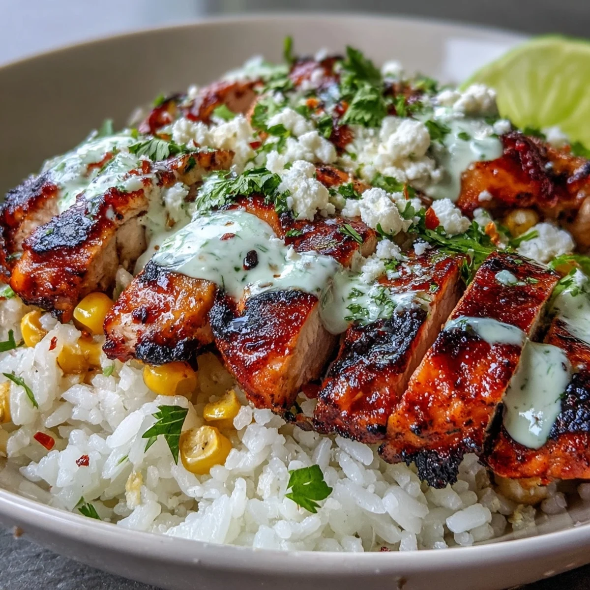 Ready for dinner, lime wedges and fresh cilantro garnish the Street Corn Chicken and Rice Bowls.
