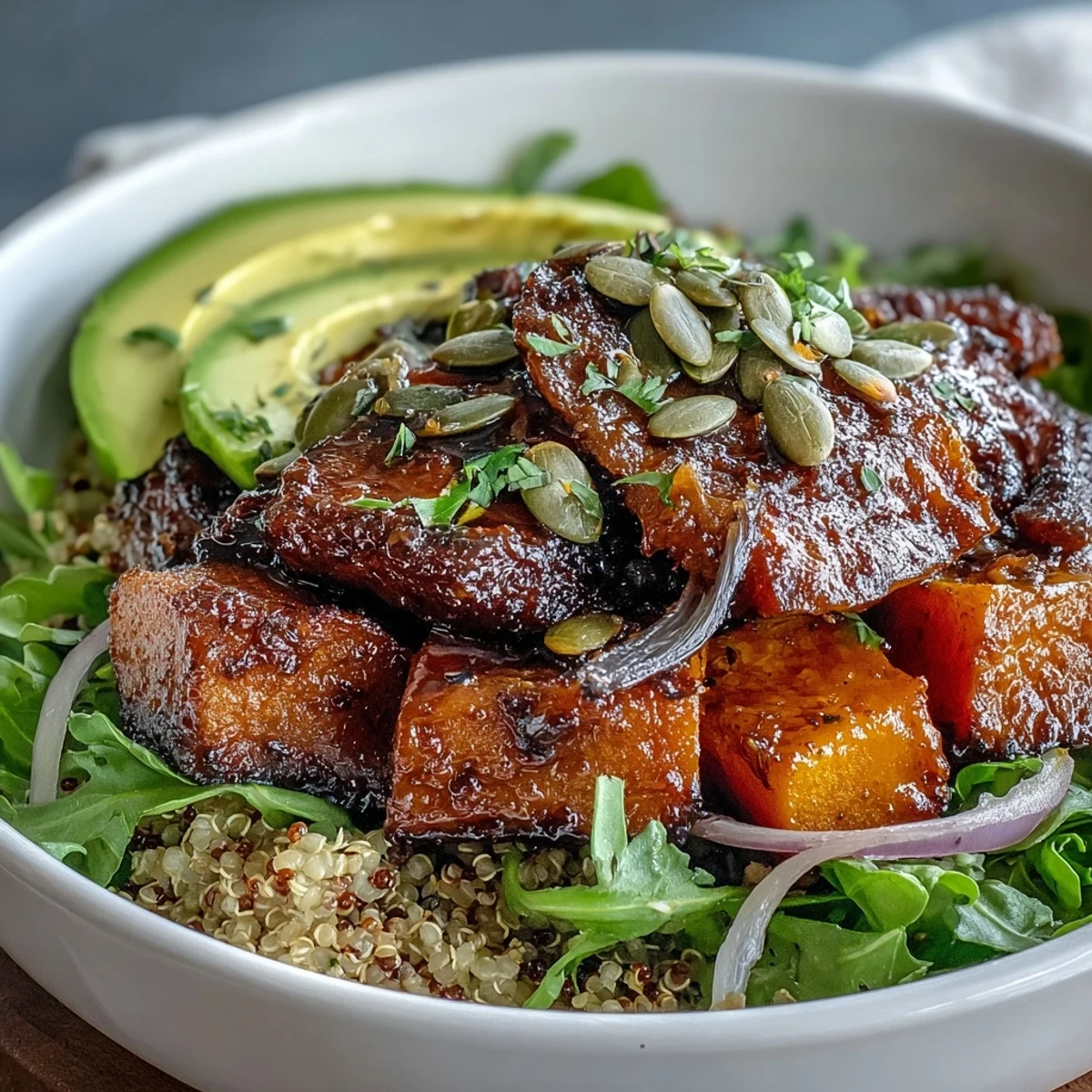 Hearty gluten-free butternut squash steak bowls garnished with toasted pumpkin seeds and red onion.