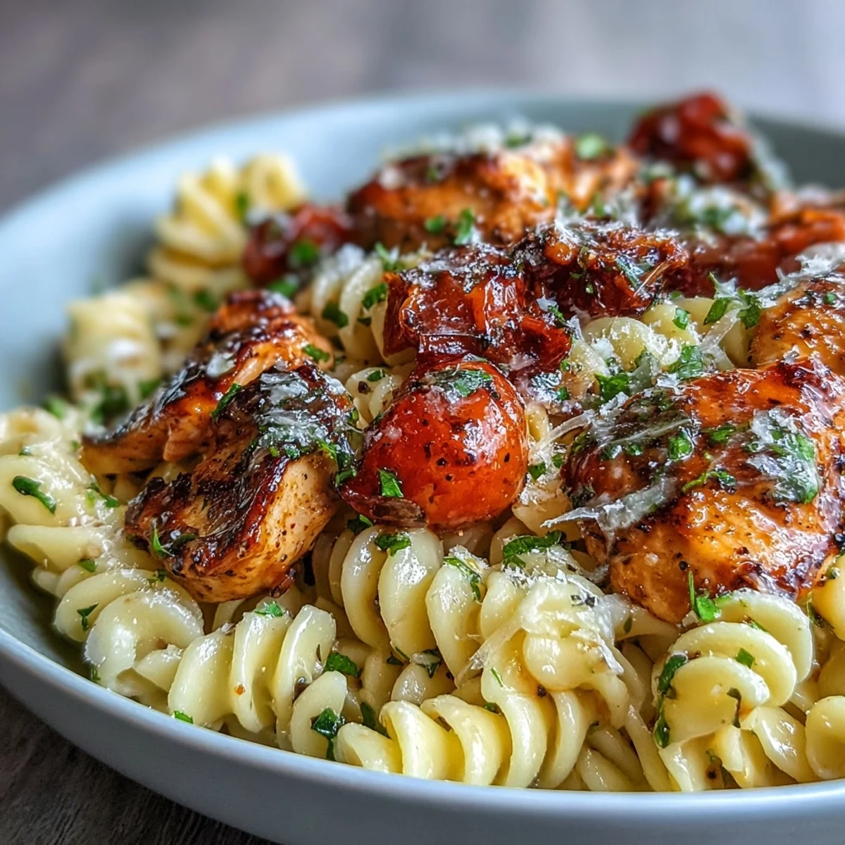 Golden seared chicken, al dente penne, juicy cherry tomatoes, fresh basil, and melted mozzarella in Bruschetta Chicken Pasta.