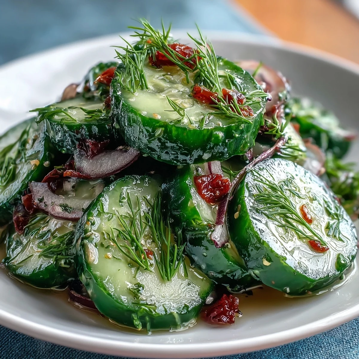 Savory Refreshing Crunchy Cucumber Salad garnished with sesame seeds, ready to serve alongside grilled salmon.