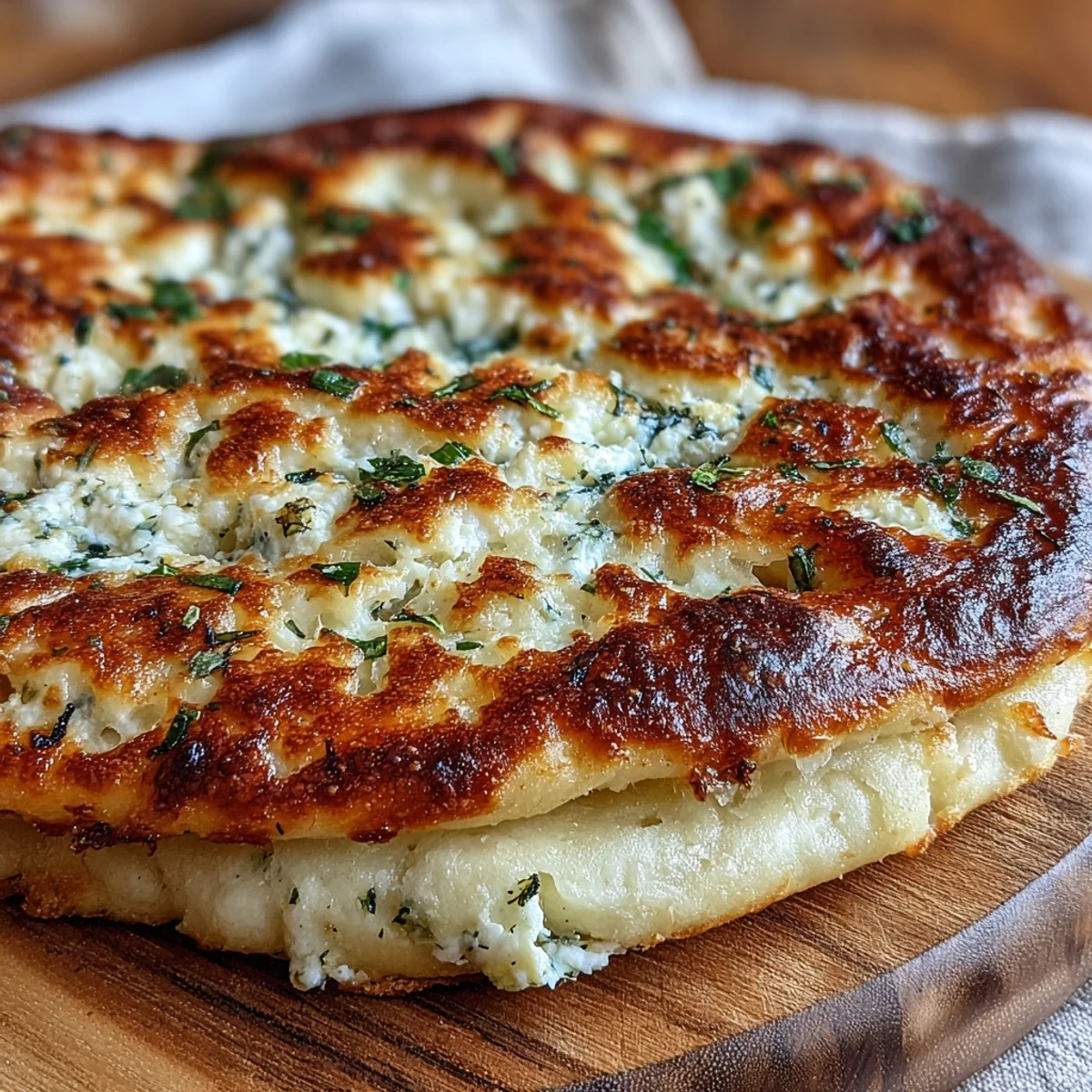 Freshly cooked Fluffy Cottage Cheese Flatbread stacked on a plate, brushed with olive oil and speckled with parsley.