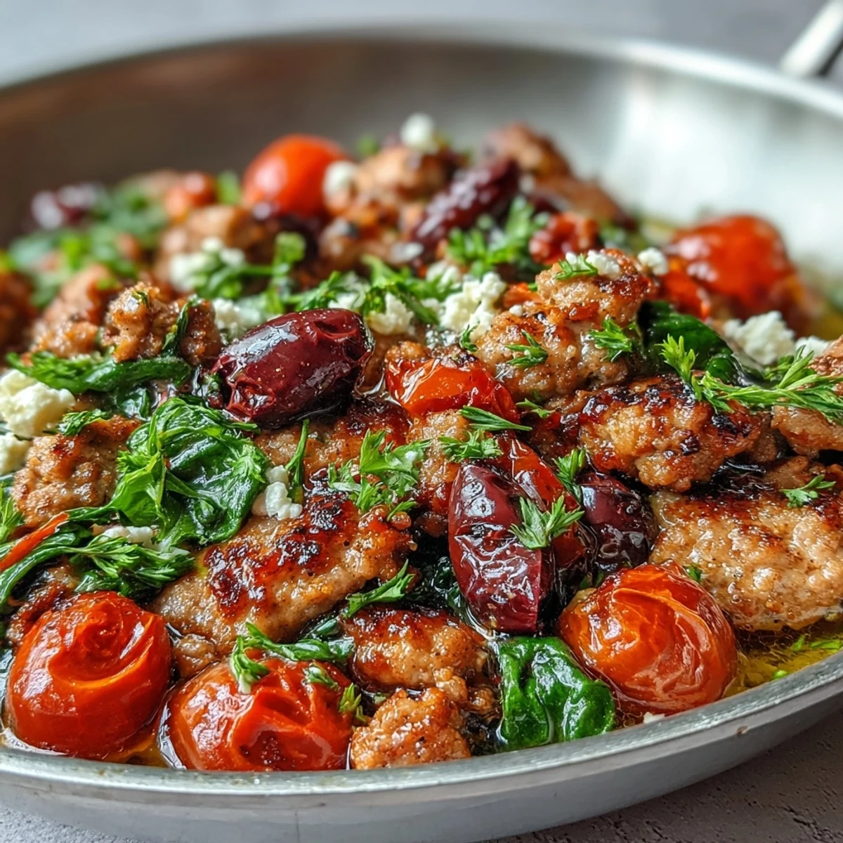 Fragrant Mediterranean Keto Ground Chicken Skillet with olives and feta, served bubbling in a cast iron pan with fresh parsley.