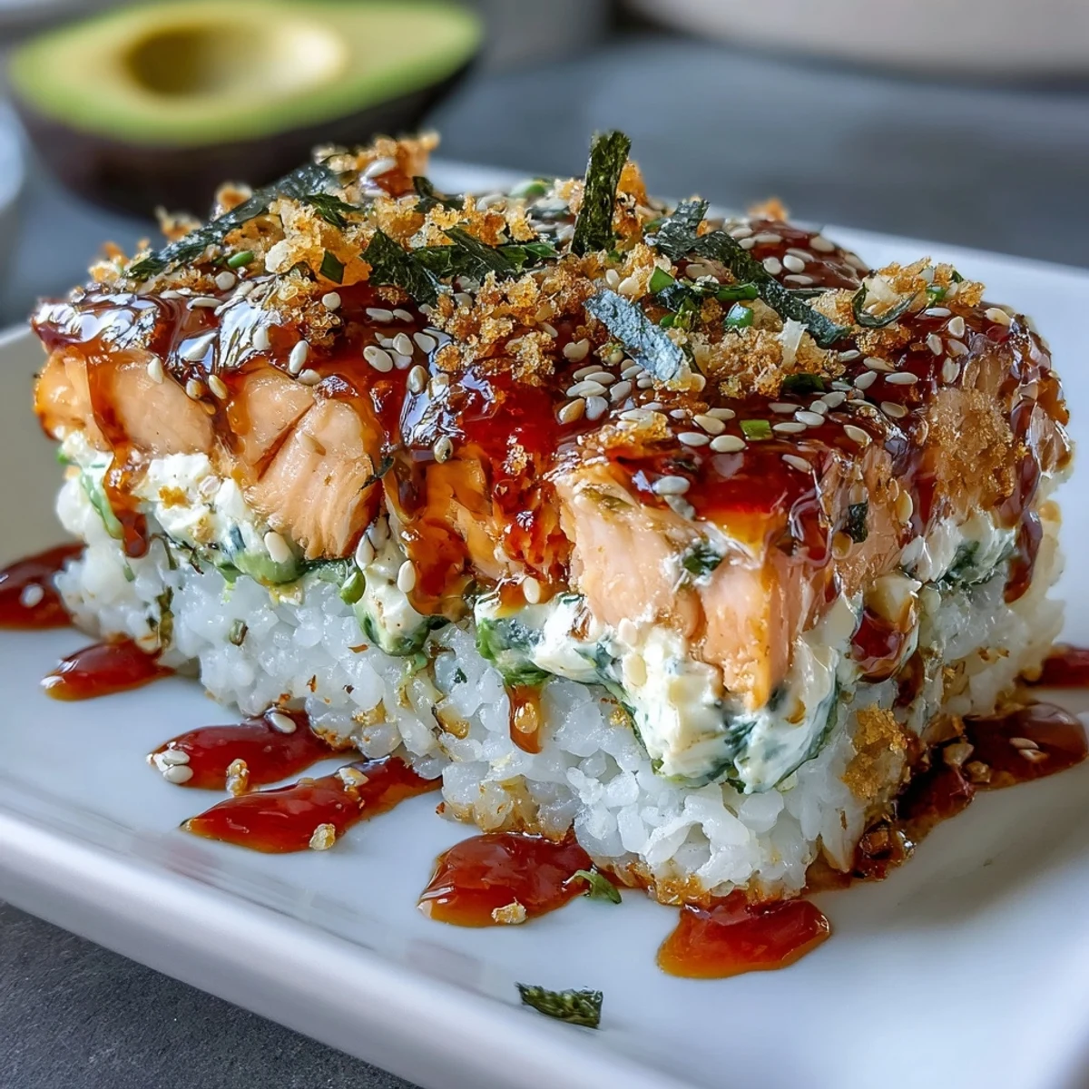 Freshly assembled Spicy Salmon Sushi Bake garnished with avocado slices and sesame seeds, ready to be scooped onto roasted seaweed snacks.